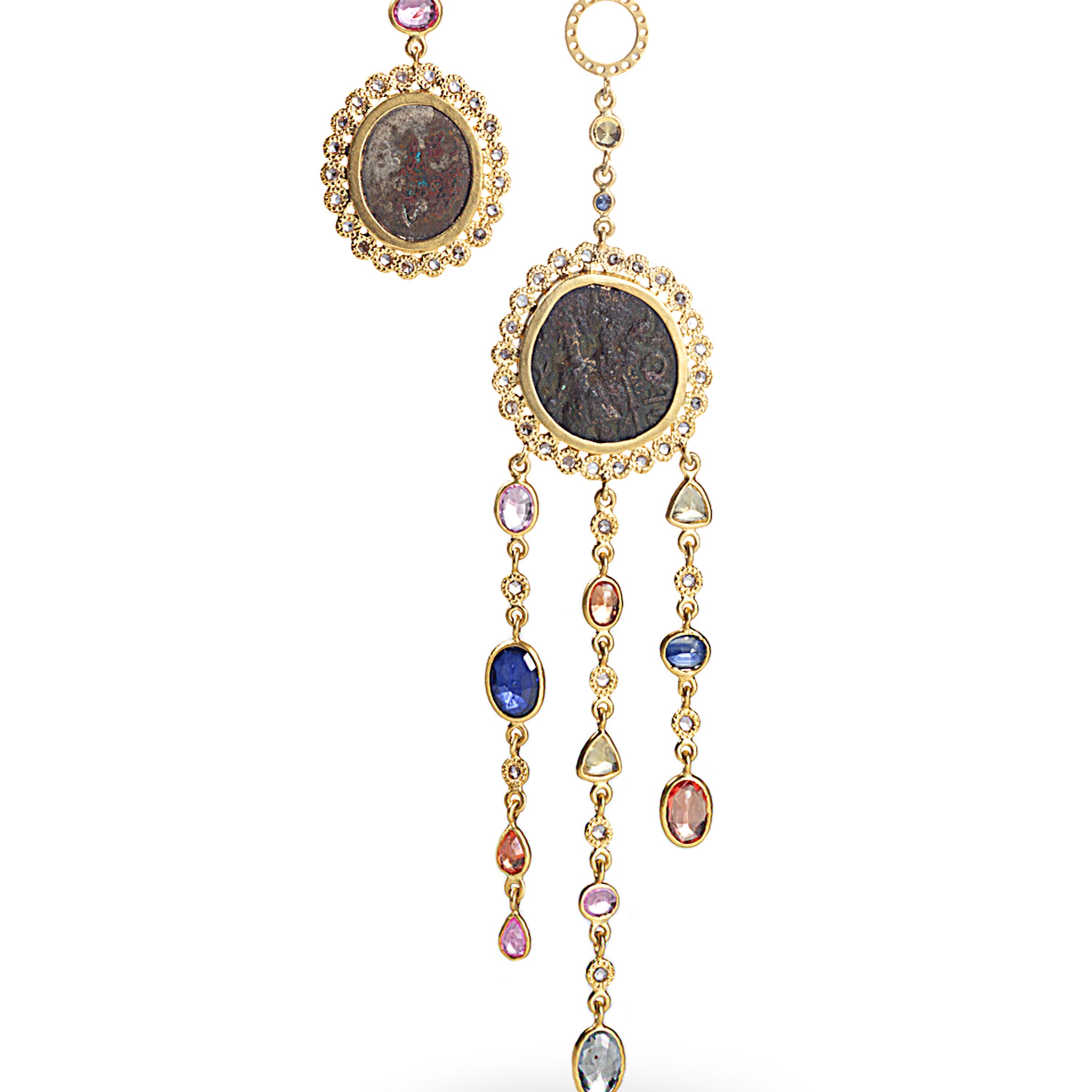 Multi Ancient Artifacts Pendant in 20K Yellow Gold with Sapphires and Diamonds In New Condition In Secaucus, NJ