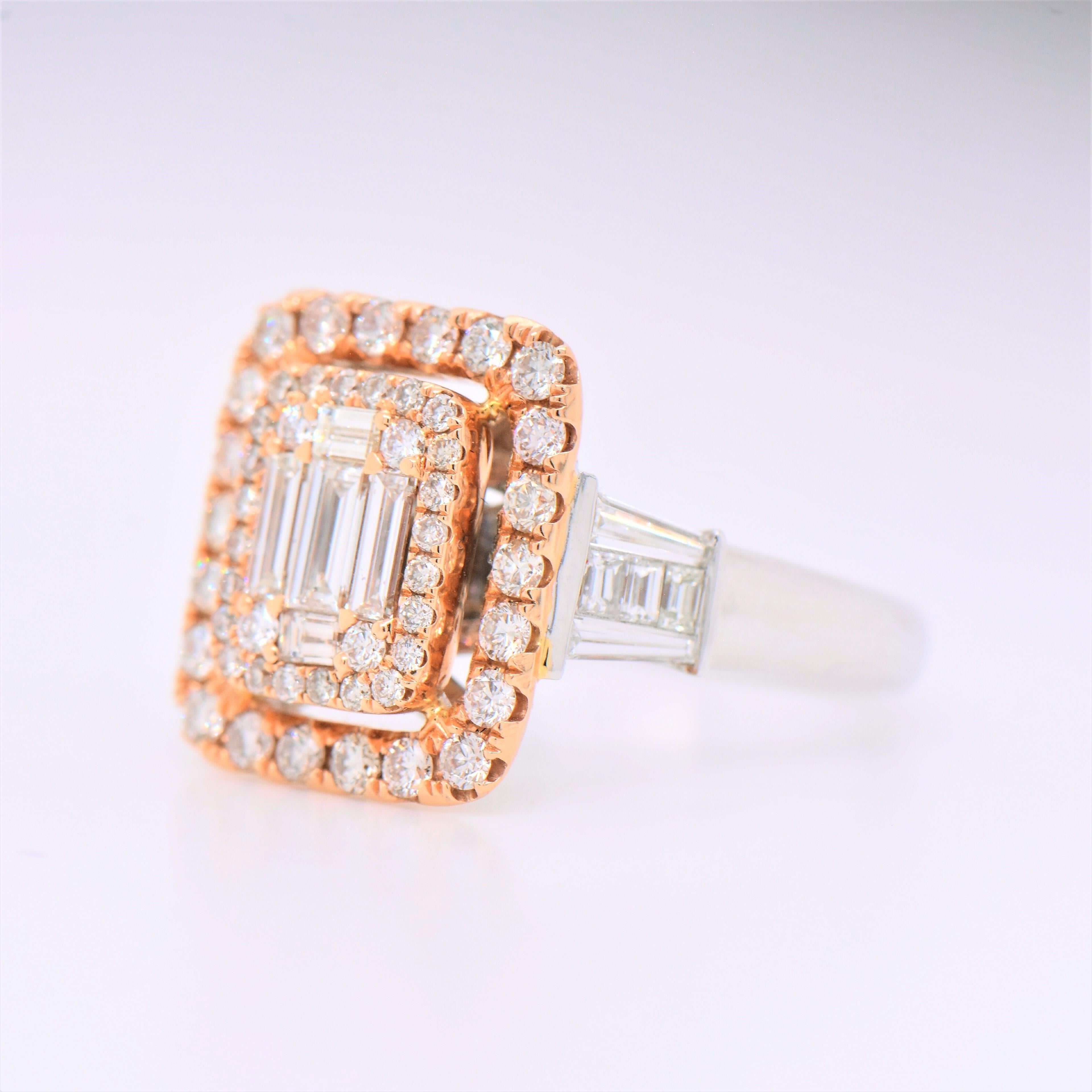 A glamorous alternative to the traditional solitaire, this diamond engagement ring will take her breath away. Crafted in 18K white and rose gold, the eye is drawn to the squared center frame set with a trio of baguette-cut diamonds. A double frame