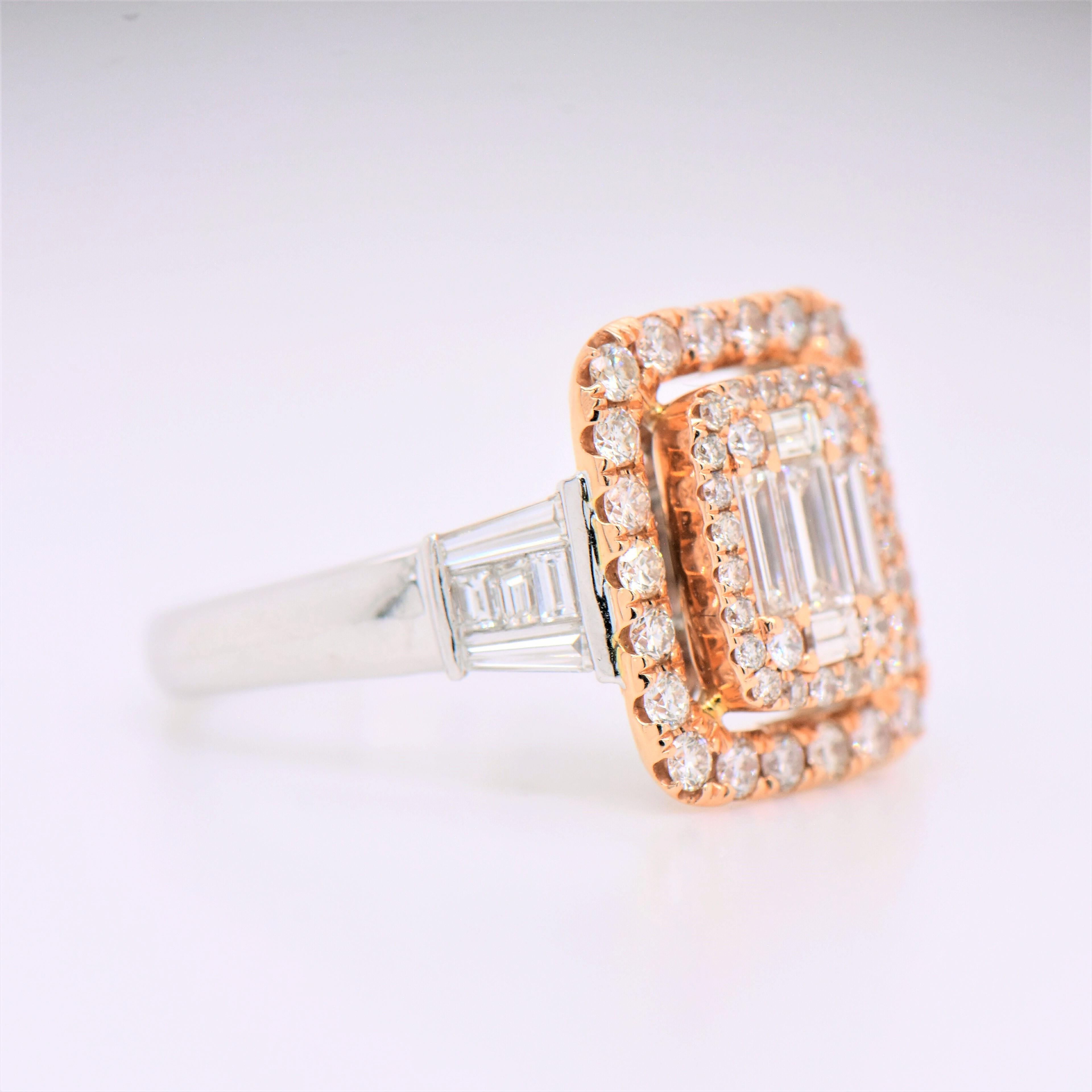 Contemporary Multi-Baguette Diamond Double Frame Ring in 18 Karat White and Rose Gold