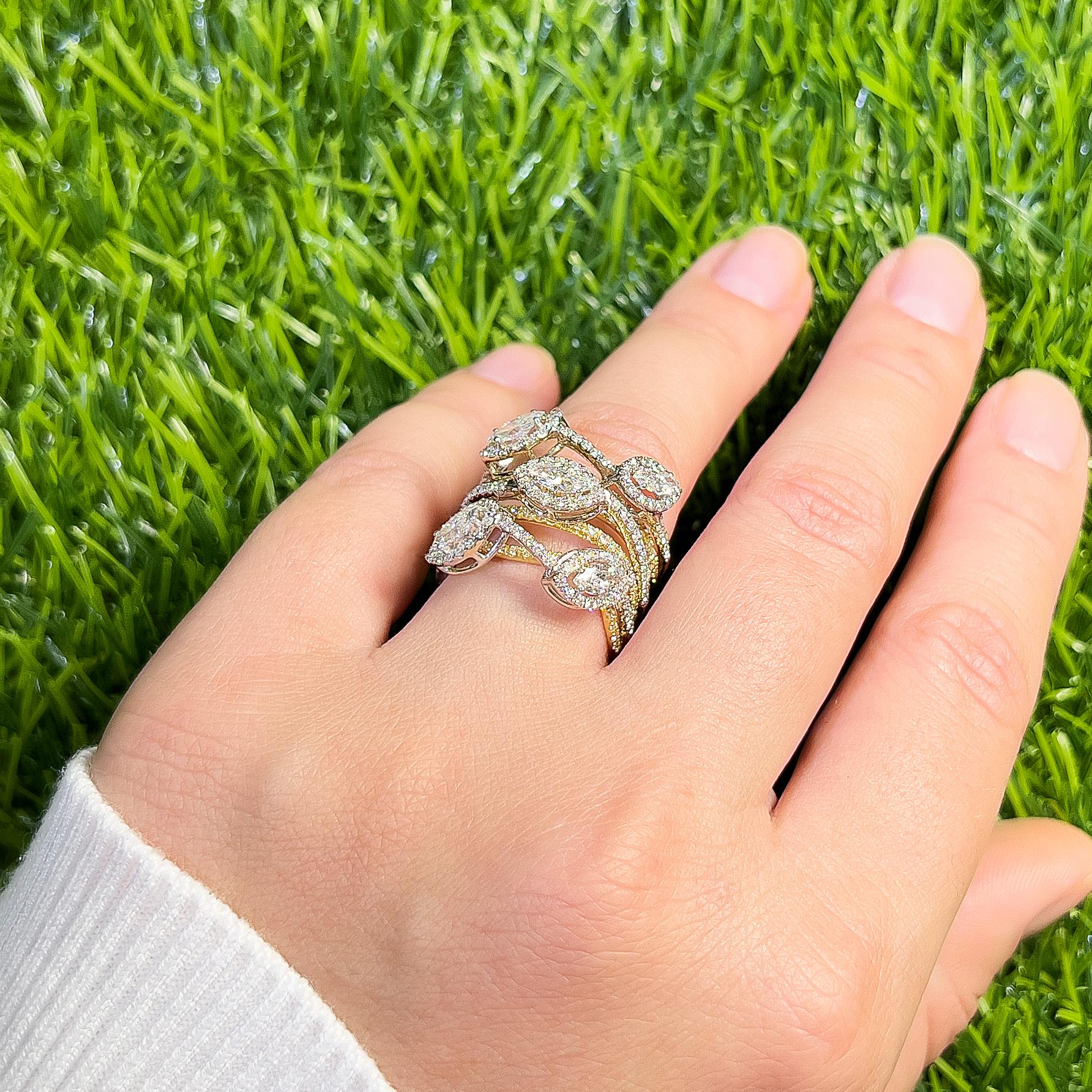 Contemporary Multi Band Diamond Crossover Ring Marquise 2.15 Carats 18K Gold For Sale