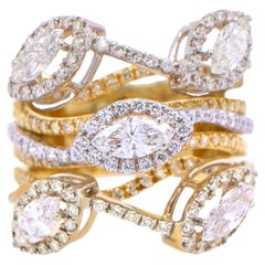 Bague croisée à plusieurs anneaux en or 18 carats avec diamants taille marquise de 2,15 carats