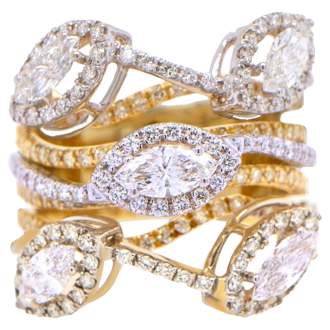 Multi Band Diamond Crossover Ring Marquise 2.15 Carats 18K Gold For Sale
