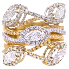 Bague croisée à plusieurs anneaux en or 18 carats avec diamants taille marquise de 2,15 carats
