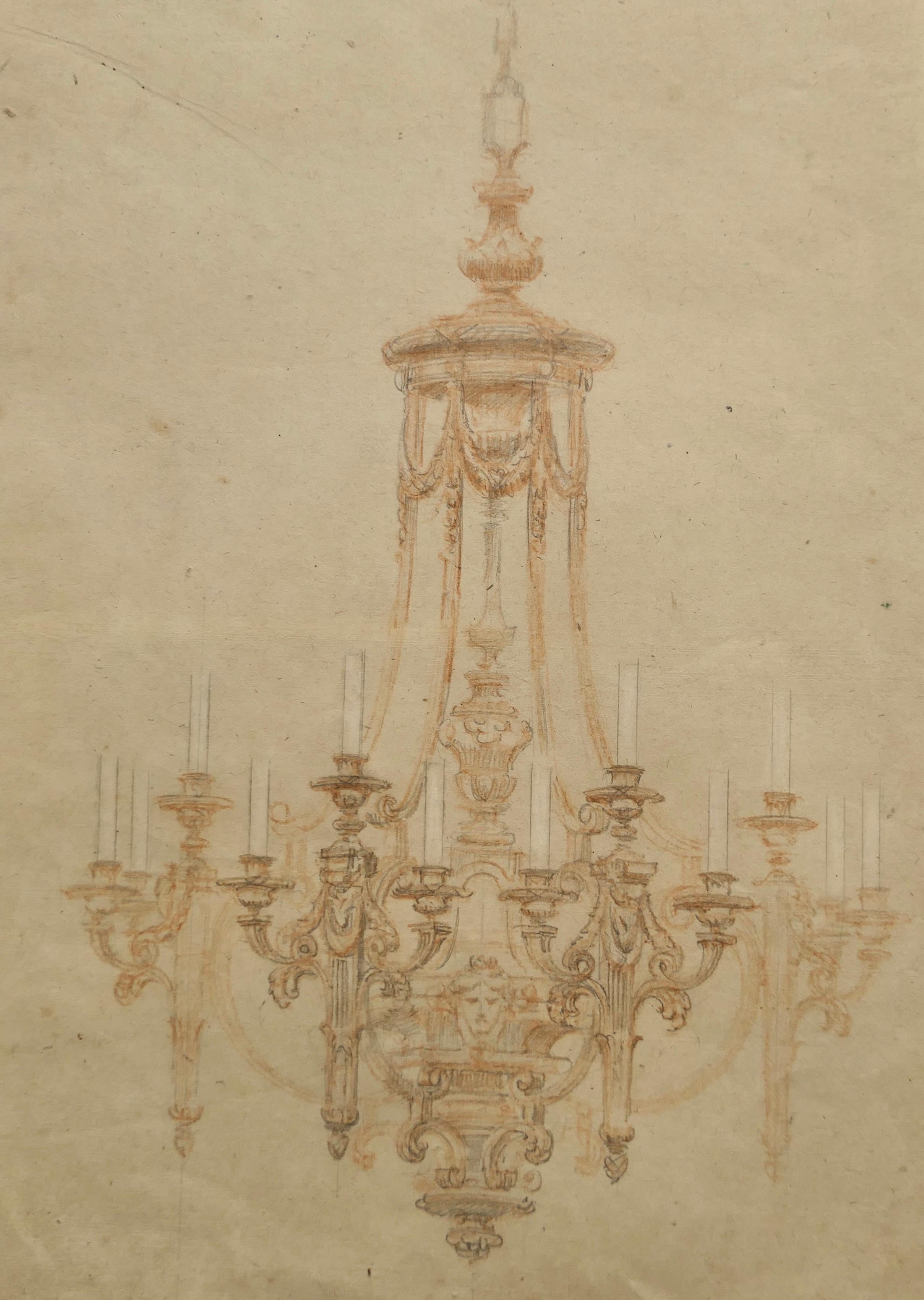 Multi Branch Arts and Crafts chandelier Illustration attributed to Amor Fenn

Illustration of a multi branch Chandelier attributed to Amor Fenn. 
This detailed drawing turned up in a collection of illustrations reputed to have come from the metal