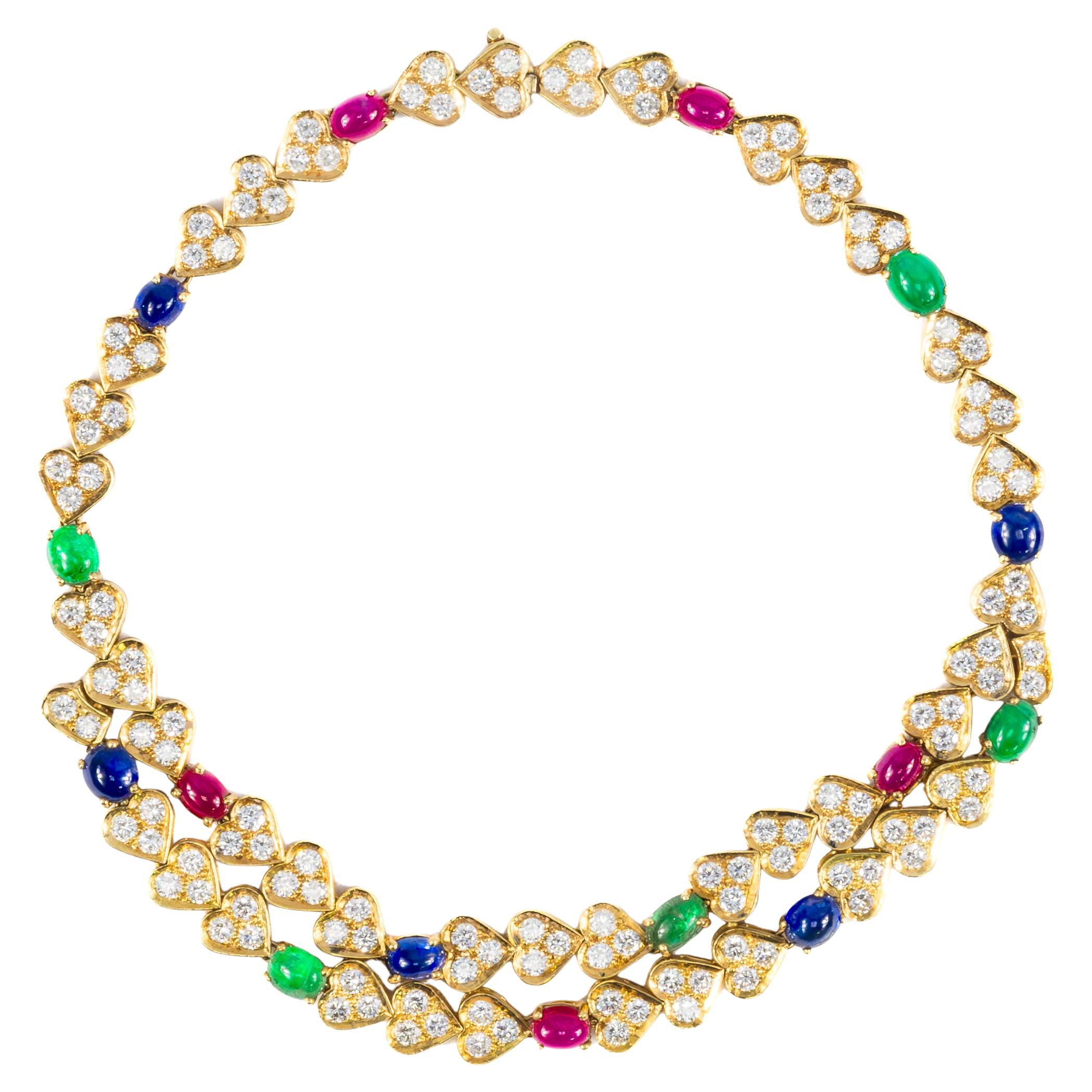 Collana a cuore con gemme multi cabochon e diamanti