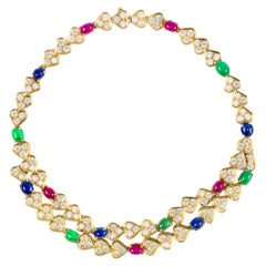 Multi Cabochon Gemstone & Diamond Heart Necklace