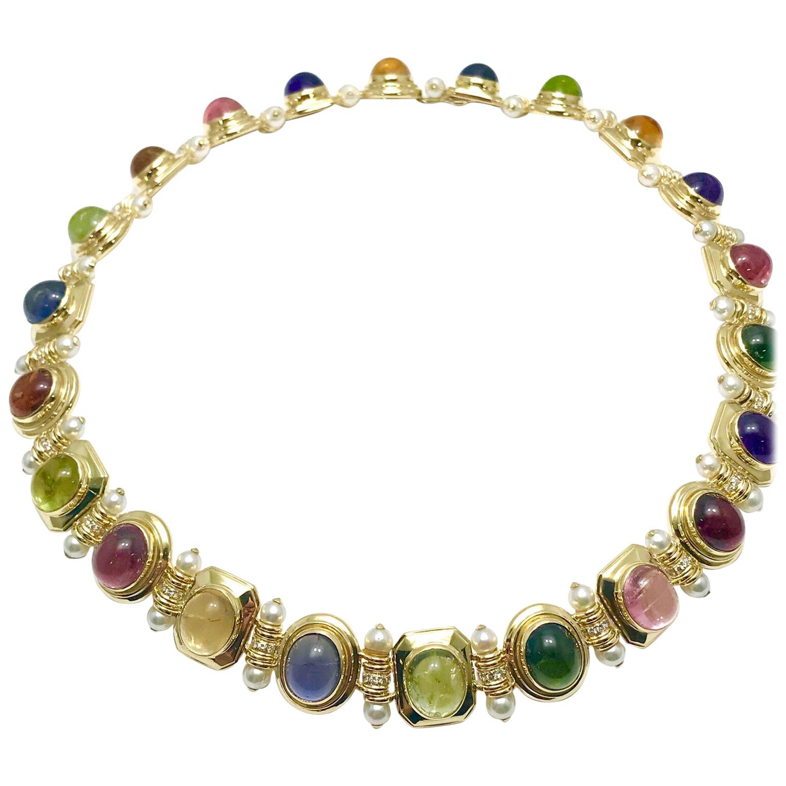 Multi Cabochon Gemstone Pearl and Diamond 18 Karat Yellow Gold Necklace