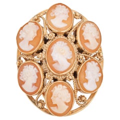 Multi Cameo Ring c1960s Vintage 14k Yellow Gold Sz 6.5 Large Cocktail Jewelry