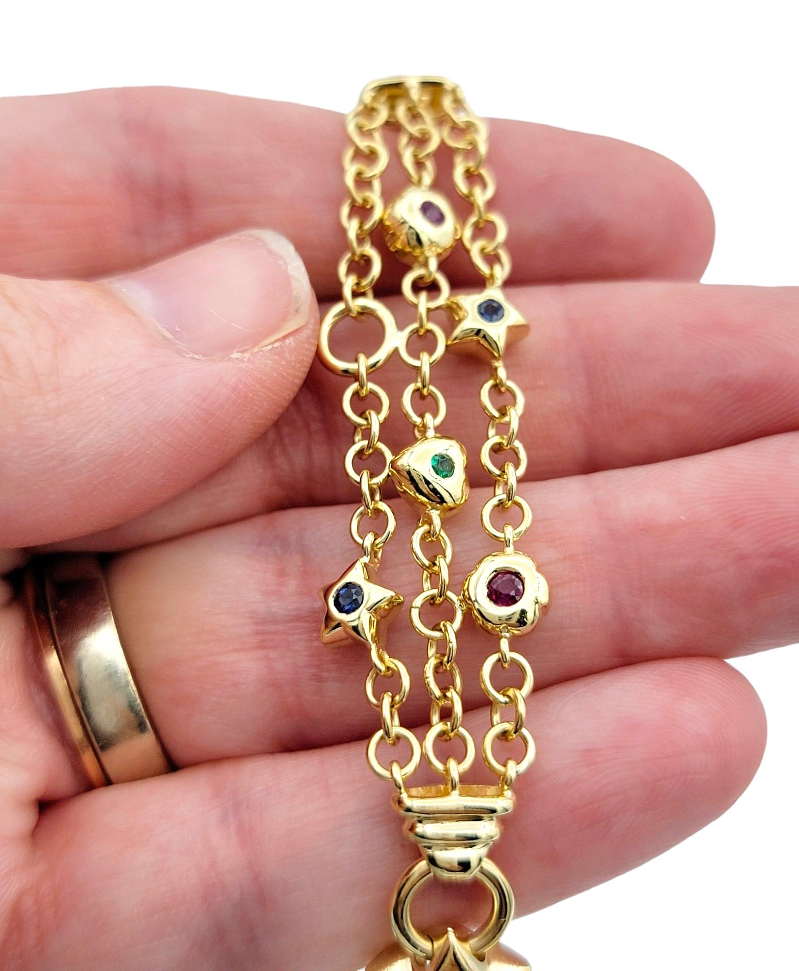 Bracciale Charm a più catene in oro giallo 14 carati con diamanti e pietre preziose in vendita 5
