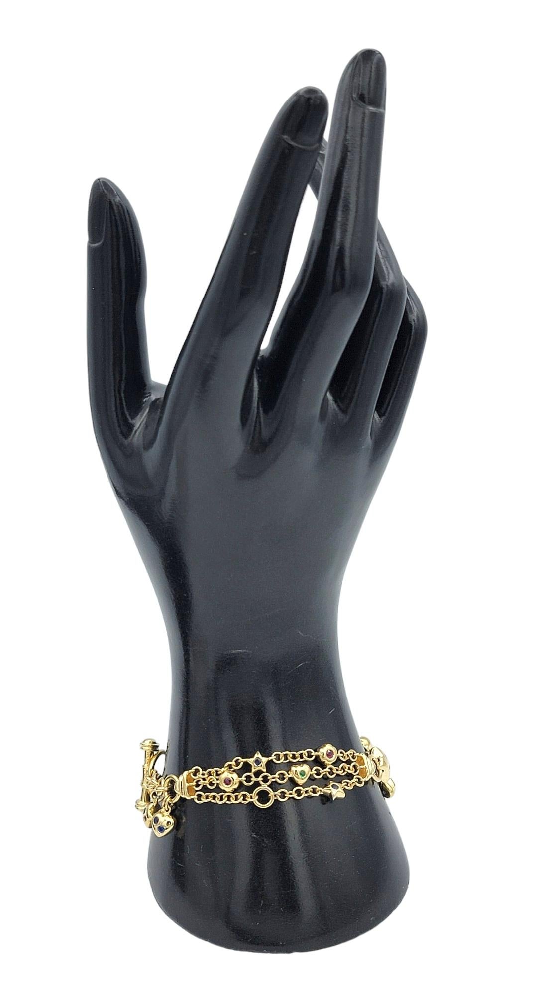 Bracciale Charm a più catene in oro giallo 14 carati con diamanti e pietre preziose in vendita 6