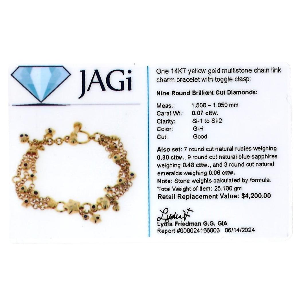 Bracciale Charm a più catene in oro giallo 14 carati con diamanti e pietre preziose in vendita 7