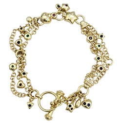 Multi-Chain 14 Karat Yellow Gold Charm Bracelet with Diamonds and Gemstones