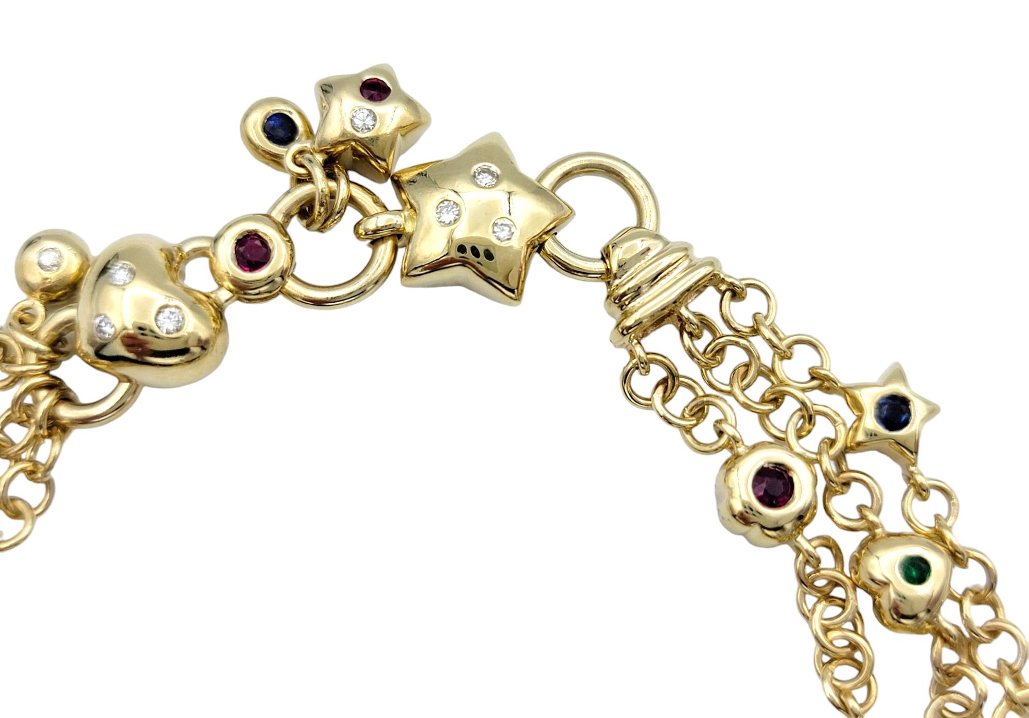 Contemporaneo Bracciale Charm a più catene in oro giallo 14 carati con diamanti e pietre preziose in vendita