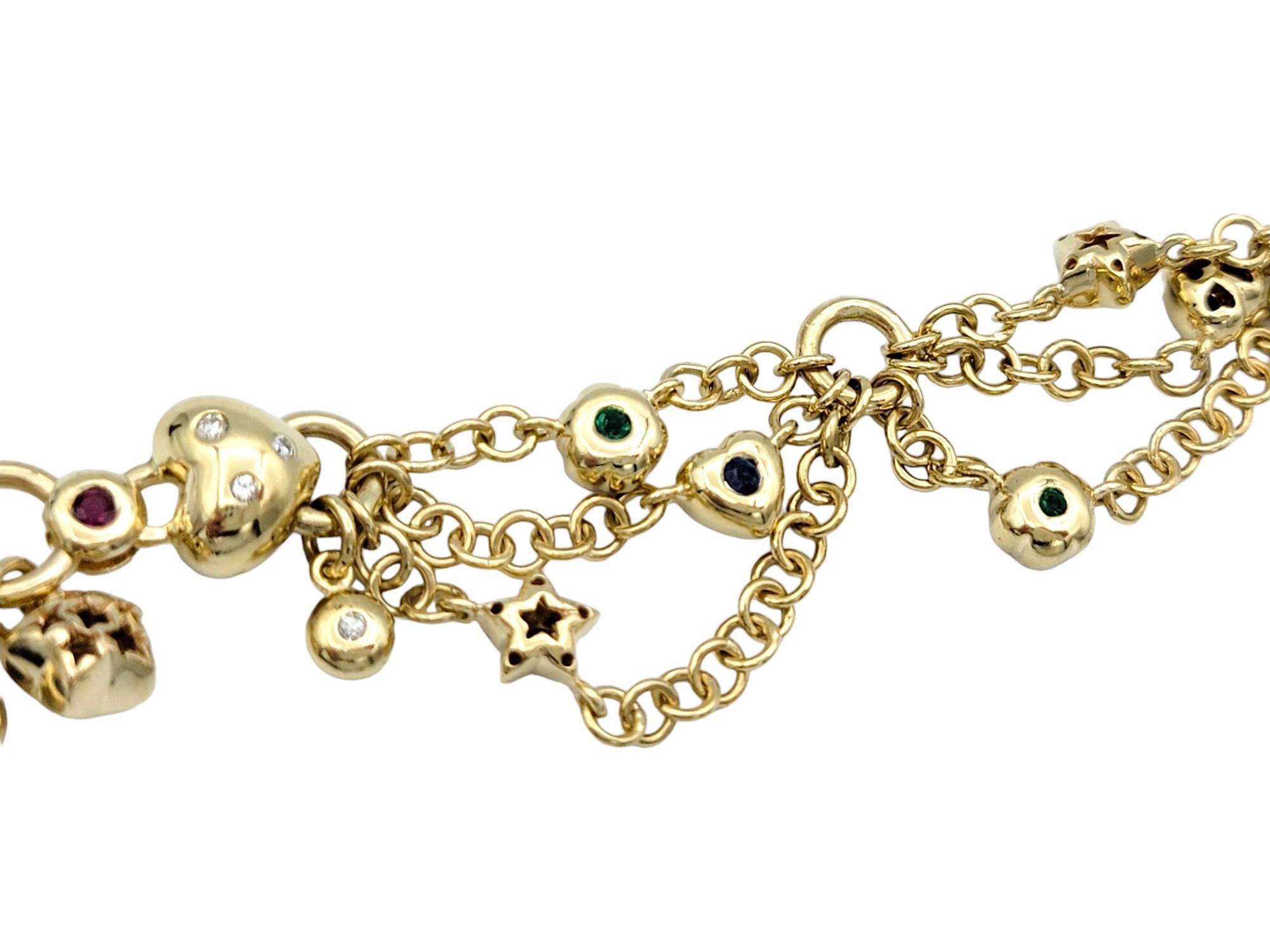 Taglio rotondo Bracciale Charm a più catene in oro giallo 14 carati con diamanti e pietre preziose in vendita