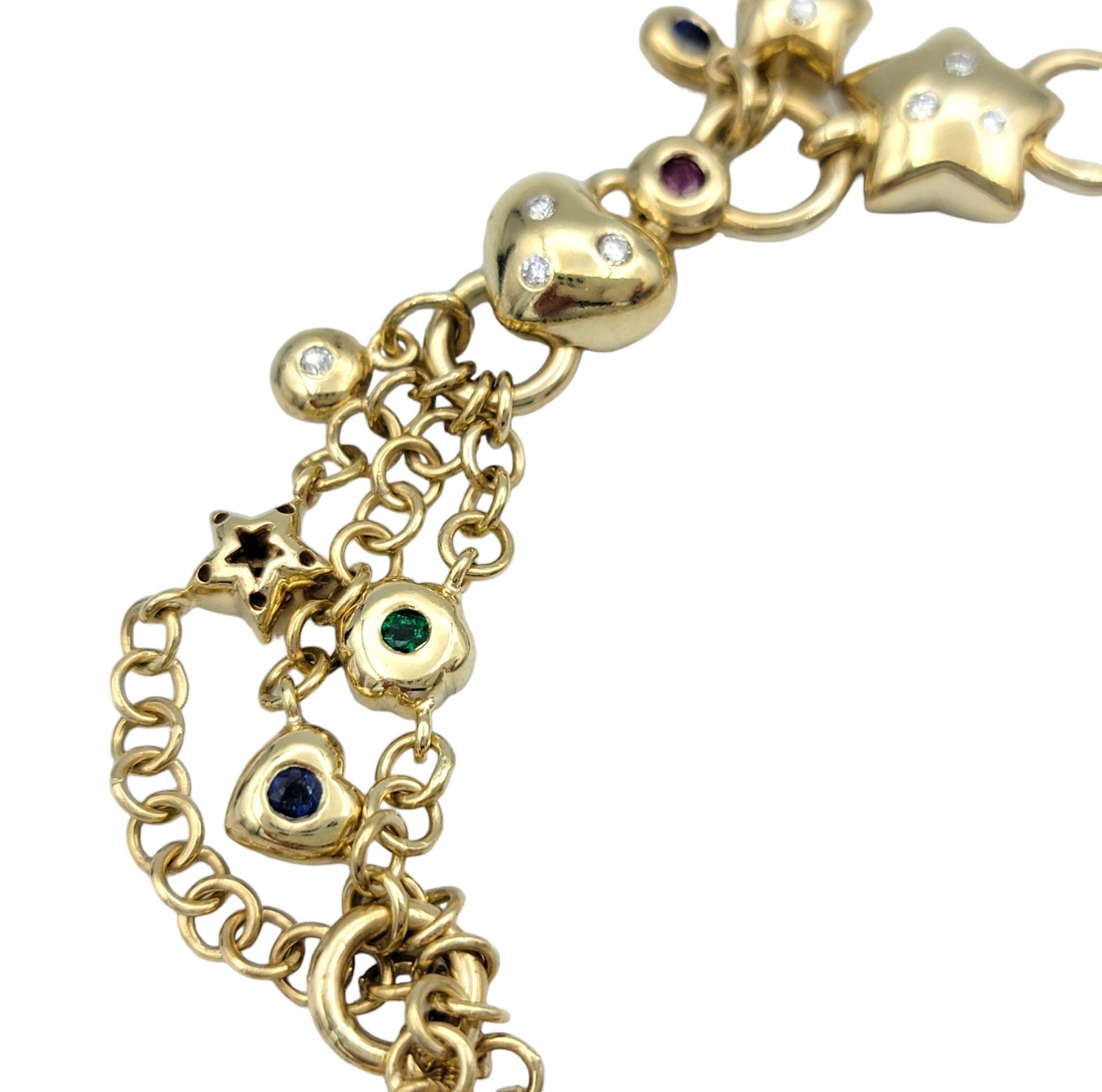 Bracciale Charm a più catene in oro giallo 14 carati con diamanti e pietre preziose In condizioni buone in vendita a Scottsdale, AZ