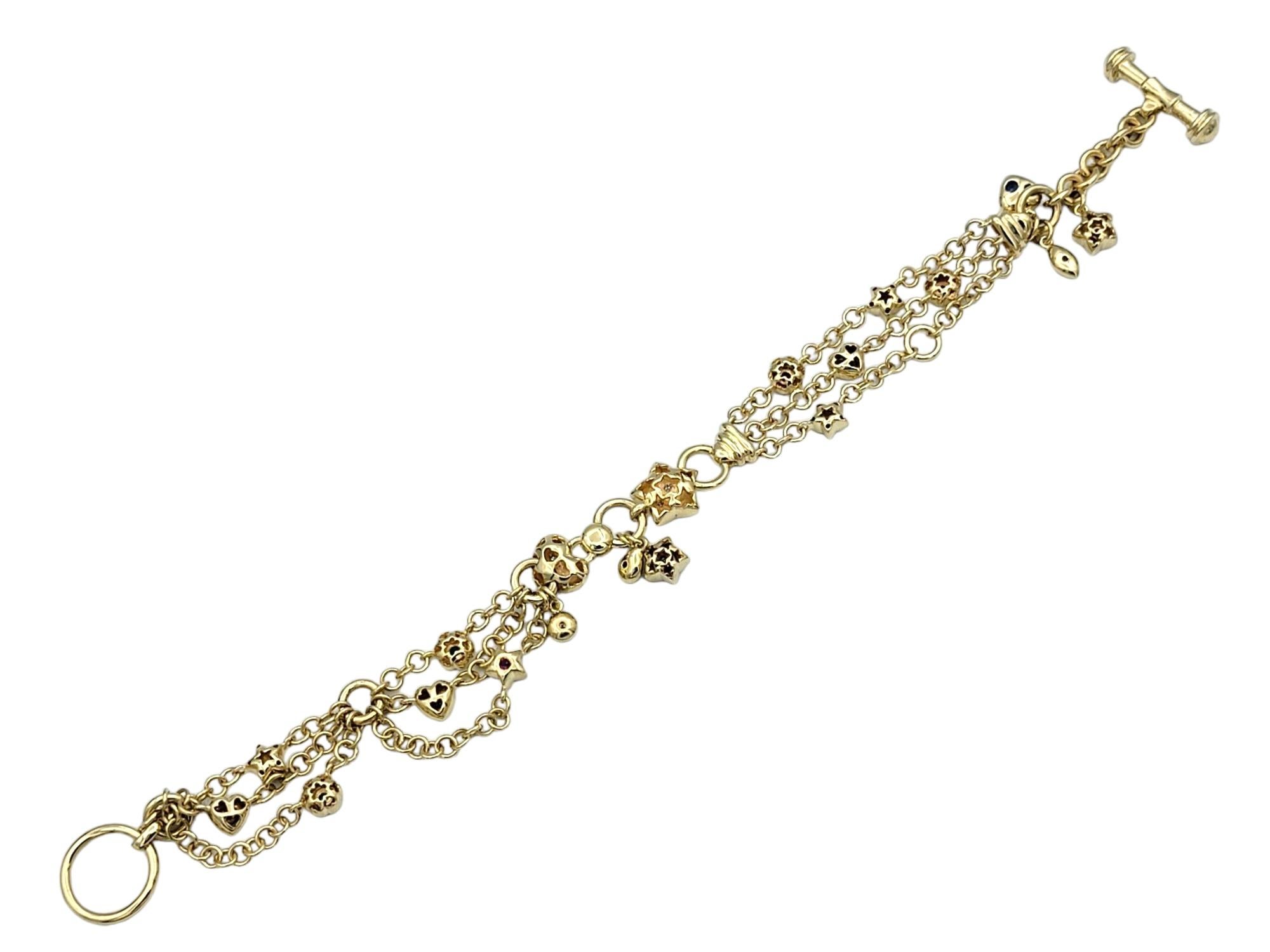 Bracciale Charm a più catene in oro giallo 14 carati con diamanti e pietre preziose in vendita 1