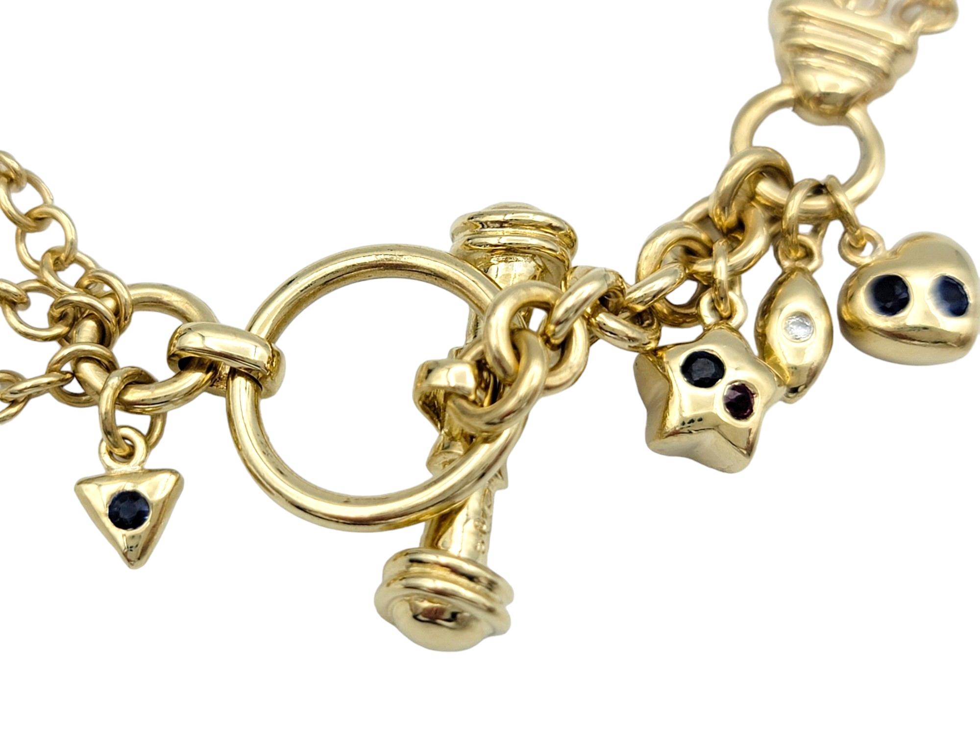 Bracciale Charm a più catene in oro giallo 14 carati con diamanti e pietre preziose in vendita 2