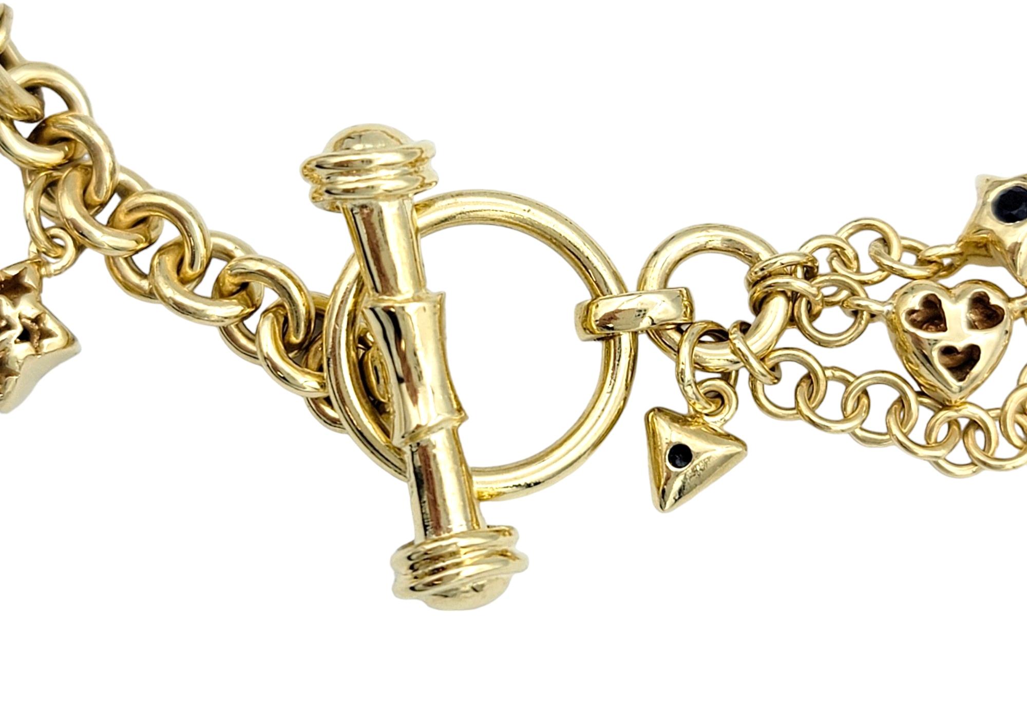 Bracciale Charm a più catene in oro giallo 14 carati con diamanti e pietre preziose in vendita 3