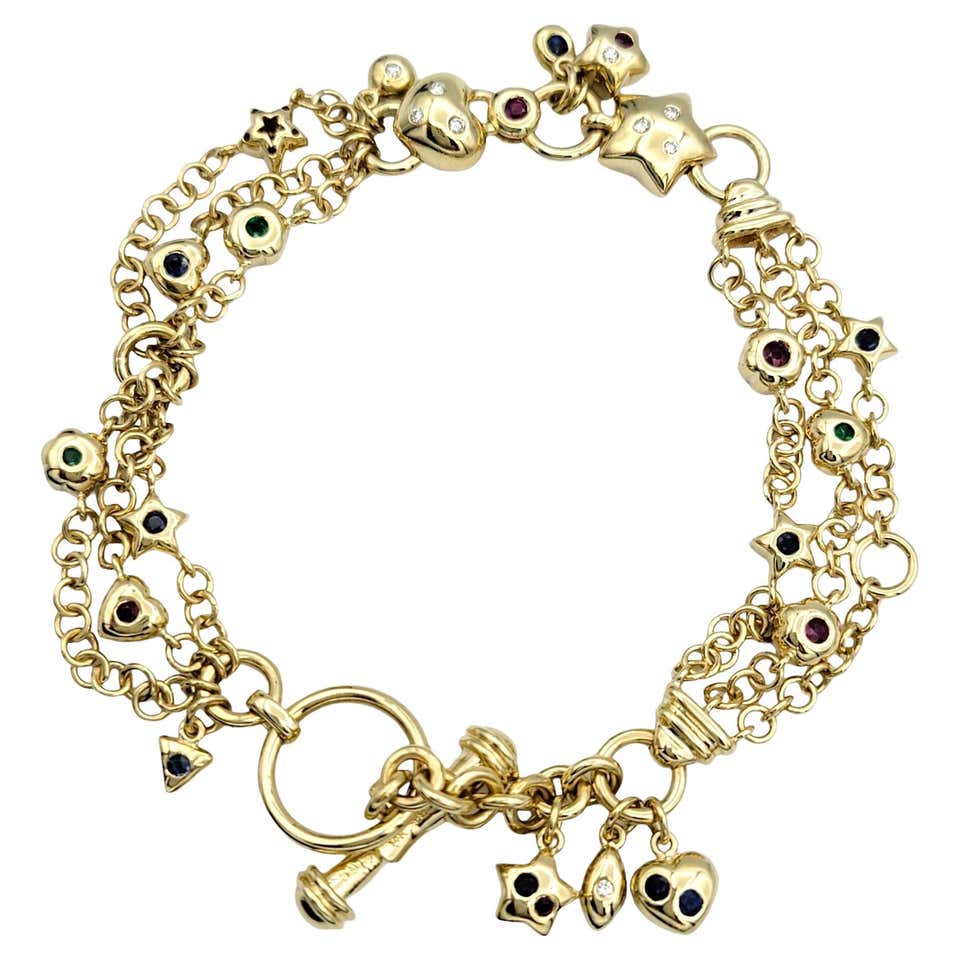 Vintage Yellow Gold Multi-Gemstone Chunky Charm Bracelet For Sale at ...