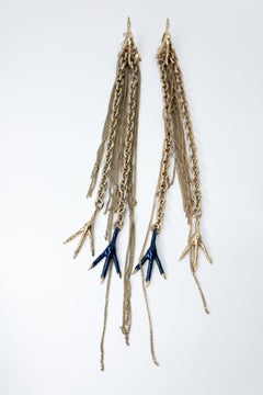Multi Chain Earrings Blue Enamel Vintage 2000s 10k Gold Plated Made in Paris