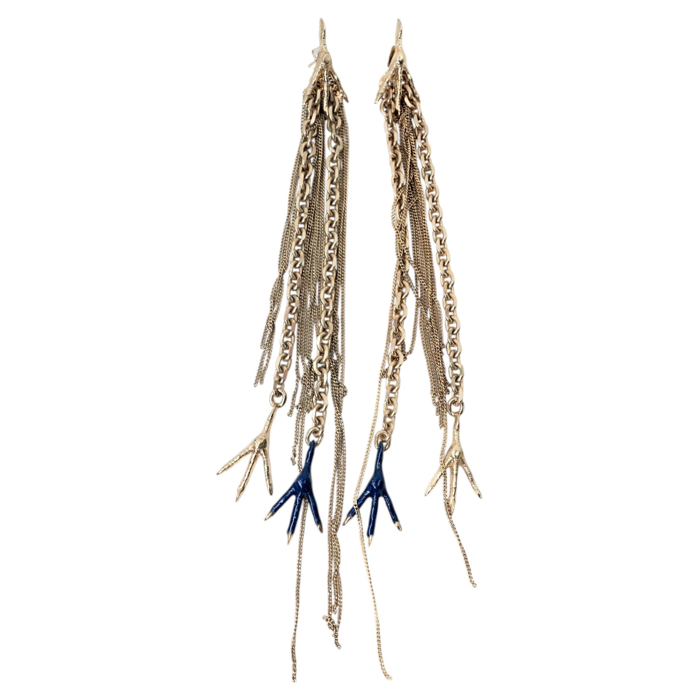 Gold Chain Earrings Claw Bird Feet Blue Enamel Vintage Dangle For Sale