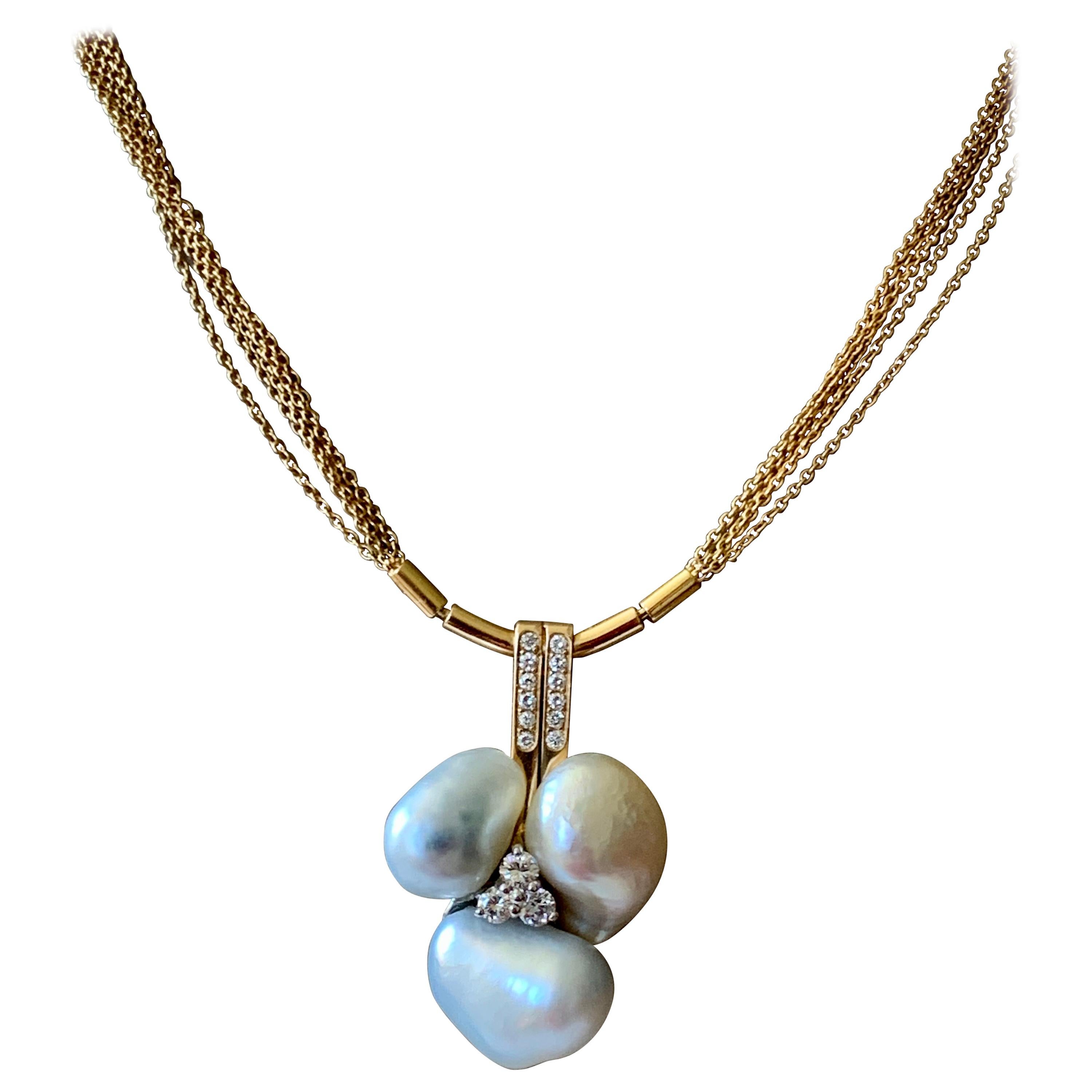 Multi Chain Necklace with Pendant with Diamonds and Baroque Pearls Signed Binder