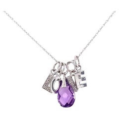 Multi Charm LOVE Dangle Amethyst and Diamond Gold Vintage Necklace