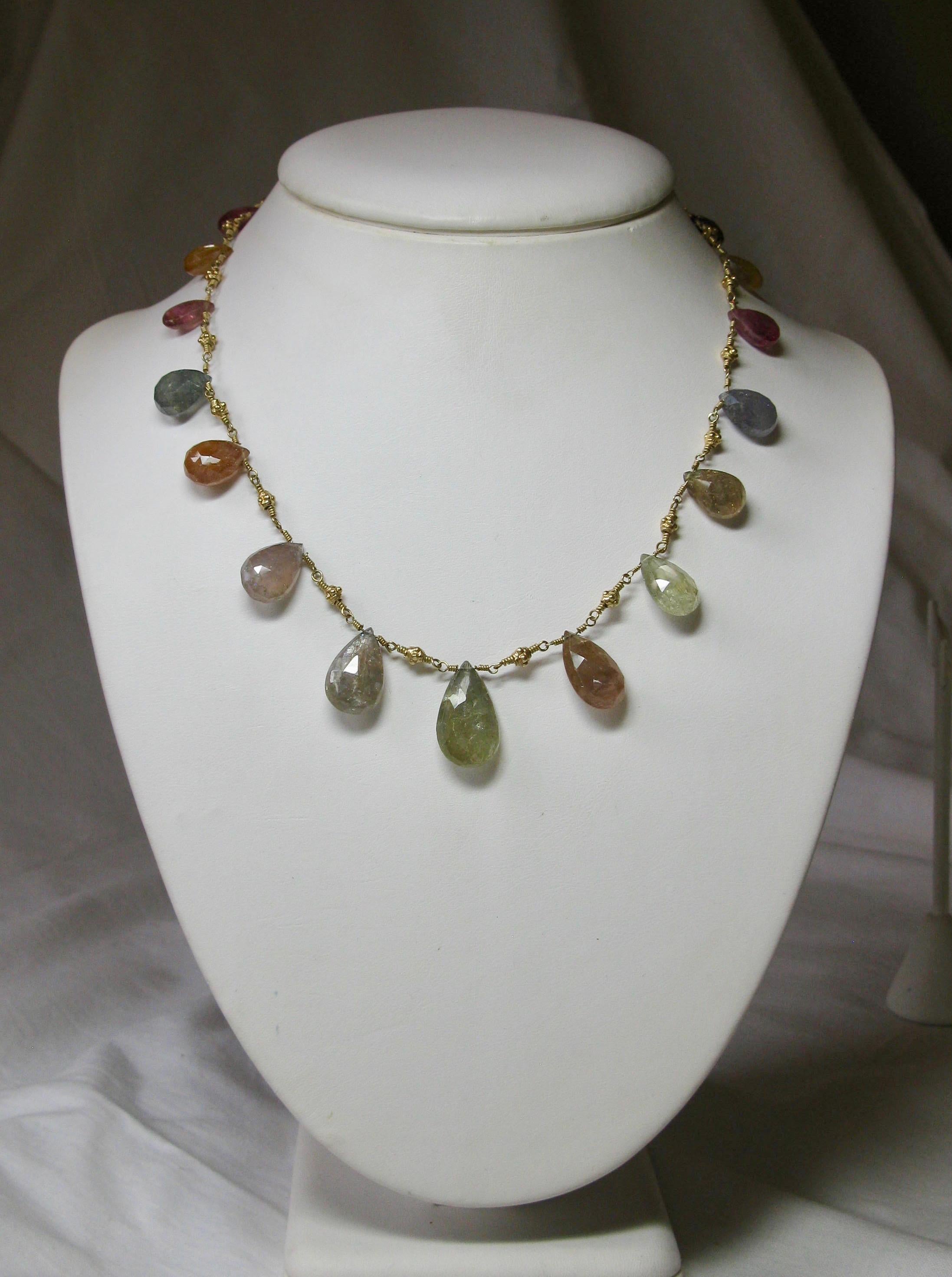 This is a stunning multigem necklace with multicolor pear shape Sapphires and Ruby gems of great beauty.  In the center is an 11 carat Sapphire.  The red gems are rubies . The remainder of the gems have not been certified, but we believe them to be