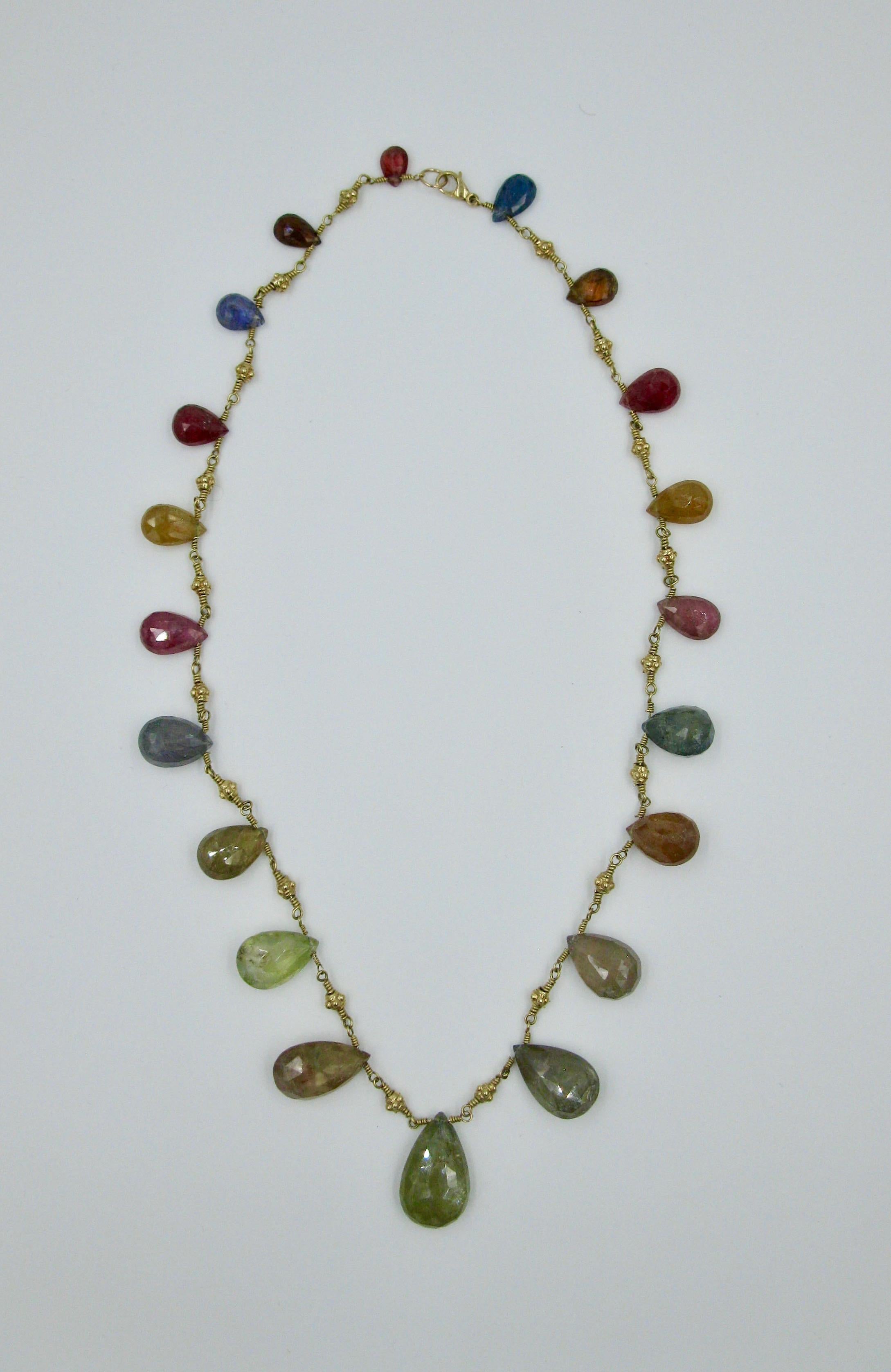 Multi-Color 11 Carat Sapphire Ruby 14 Karat Gold Necklace Etruscan Pear Cut Gems In Good Condition For Sale In New York, NY