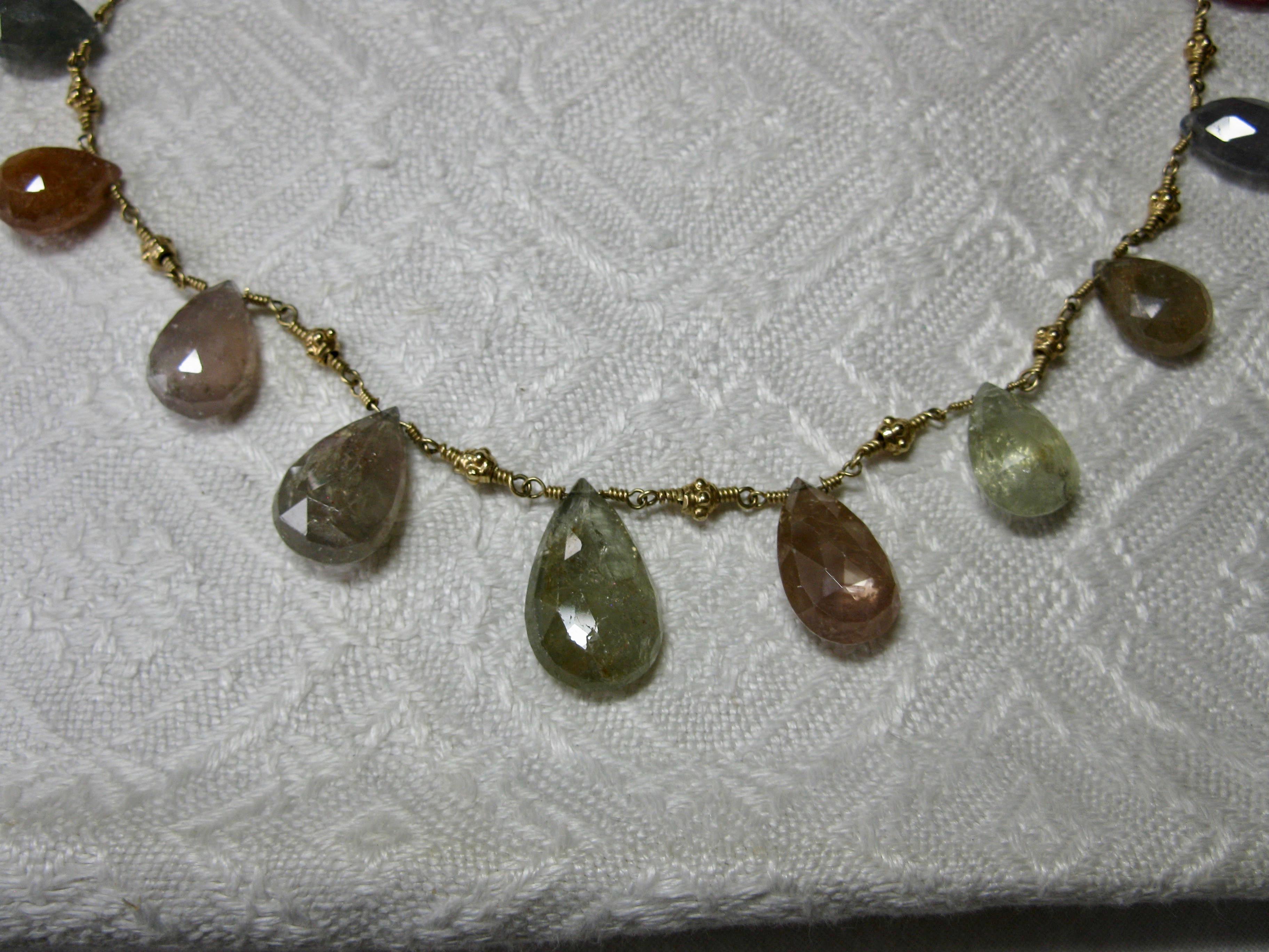 Women's Multi-Color 11 Carat Sapphire Ruby 14 Karat Gold Necklace Etruscan Pear Cut Gems For Sale