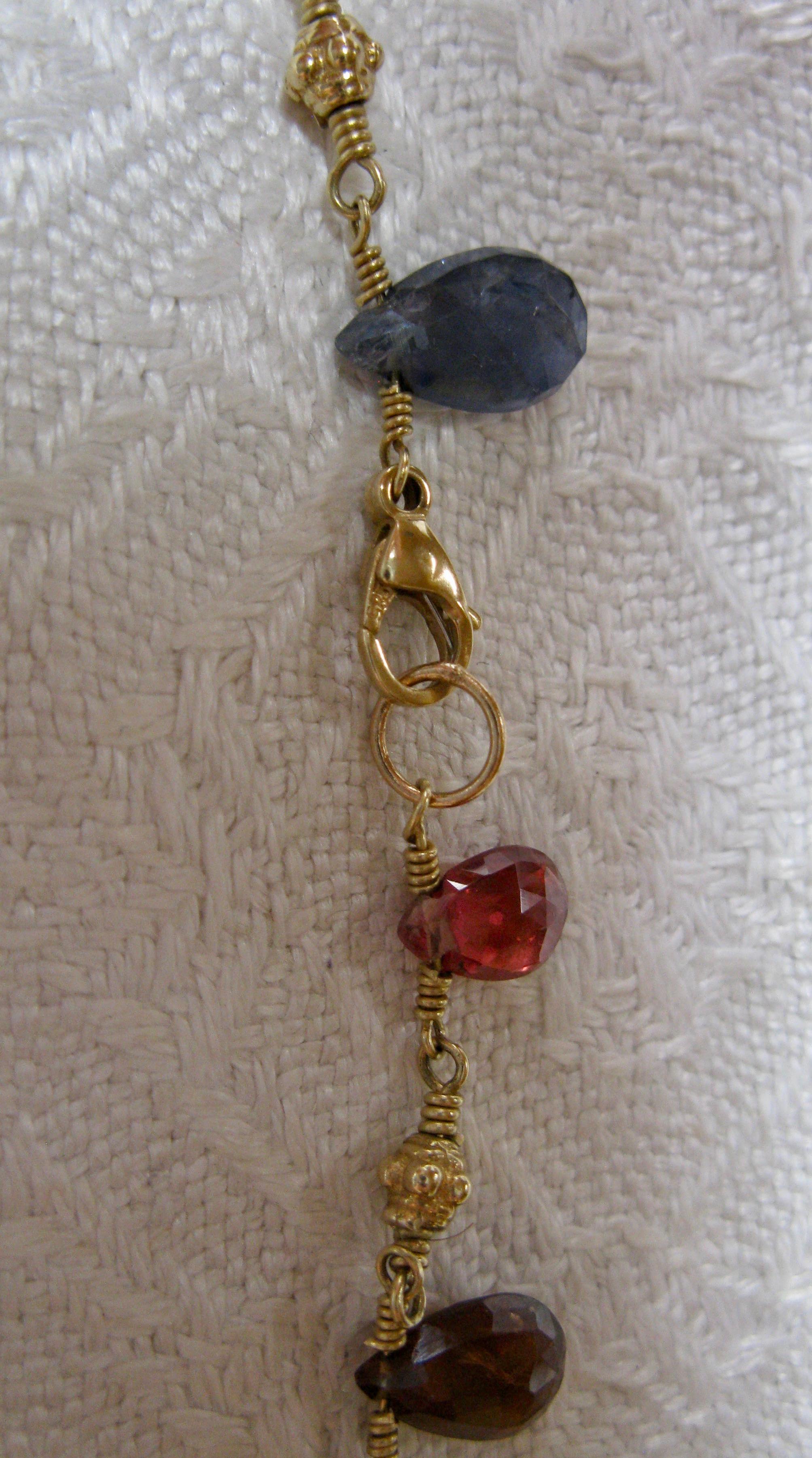 Multi-Color 11 Carat Sapphire Ruby 14 Karat Gold Necklace Etruscan Pear Cut Gems For Sale 1