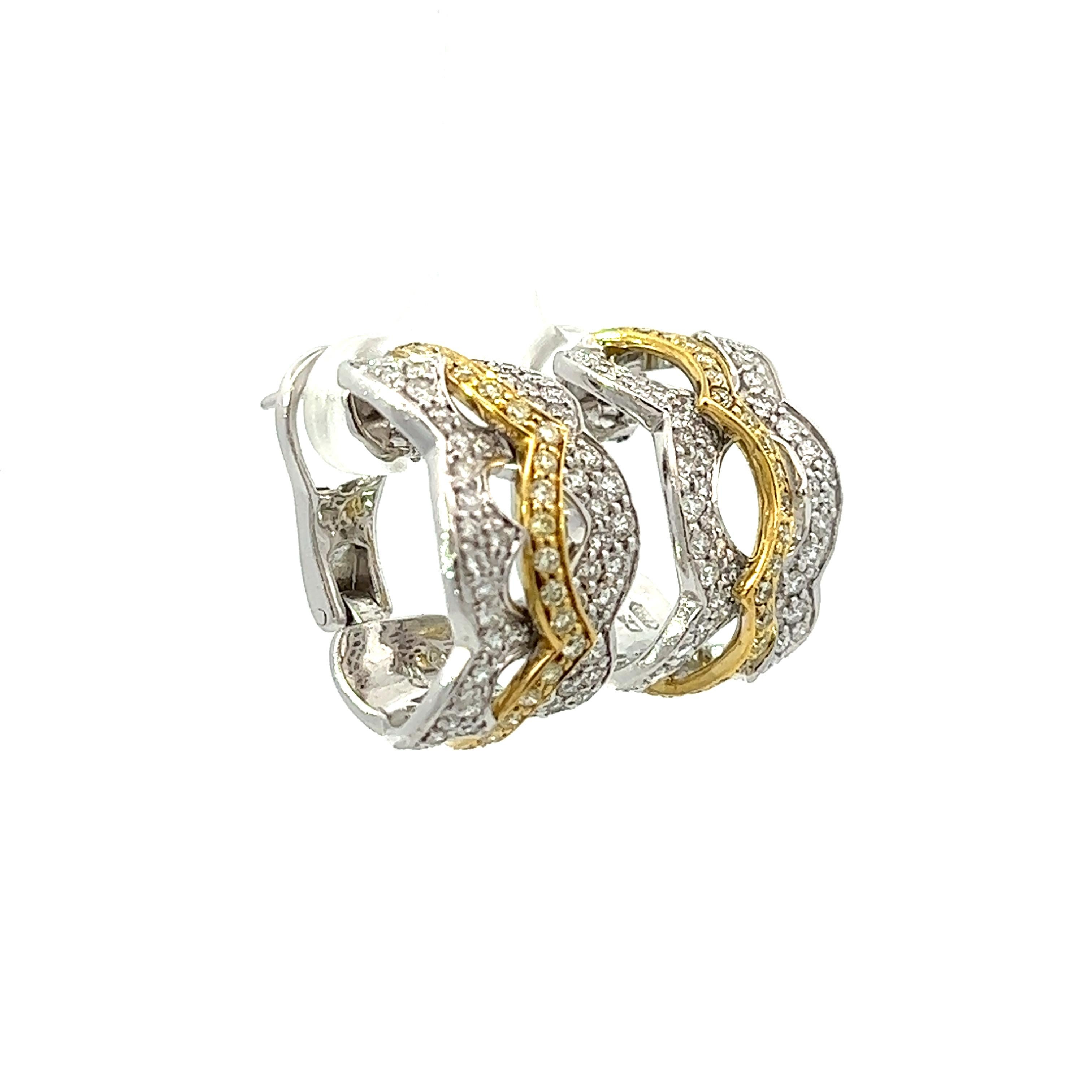 These earrings are a one-of-a-kind combination of 18k yellow and white gold with round diamonds. They are sure to impress and make an excellent gift for someone dear to you, whether it be your mother, grandmother, or anyone else. These earrings are