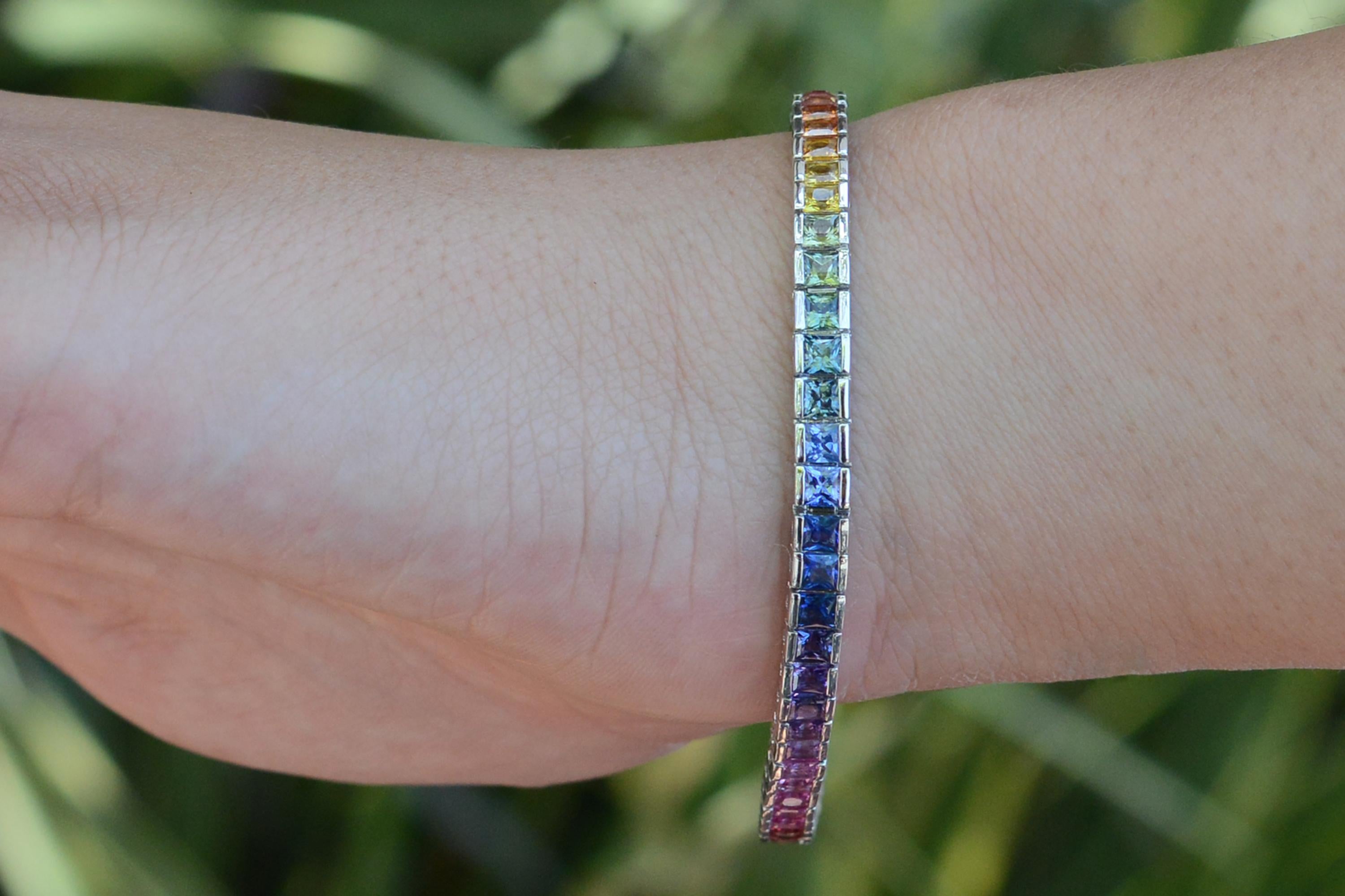 Contemporary Multi Color 9 Carat Rainbow Sapphire Tennis Bracelet For Sale