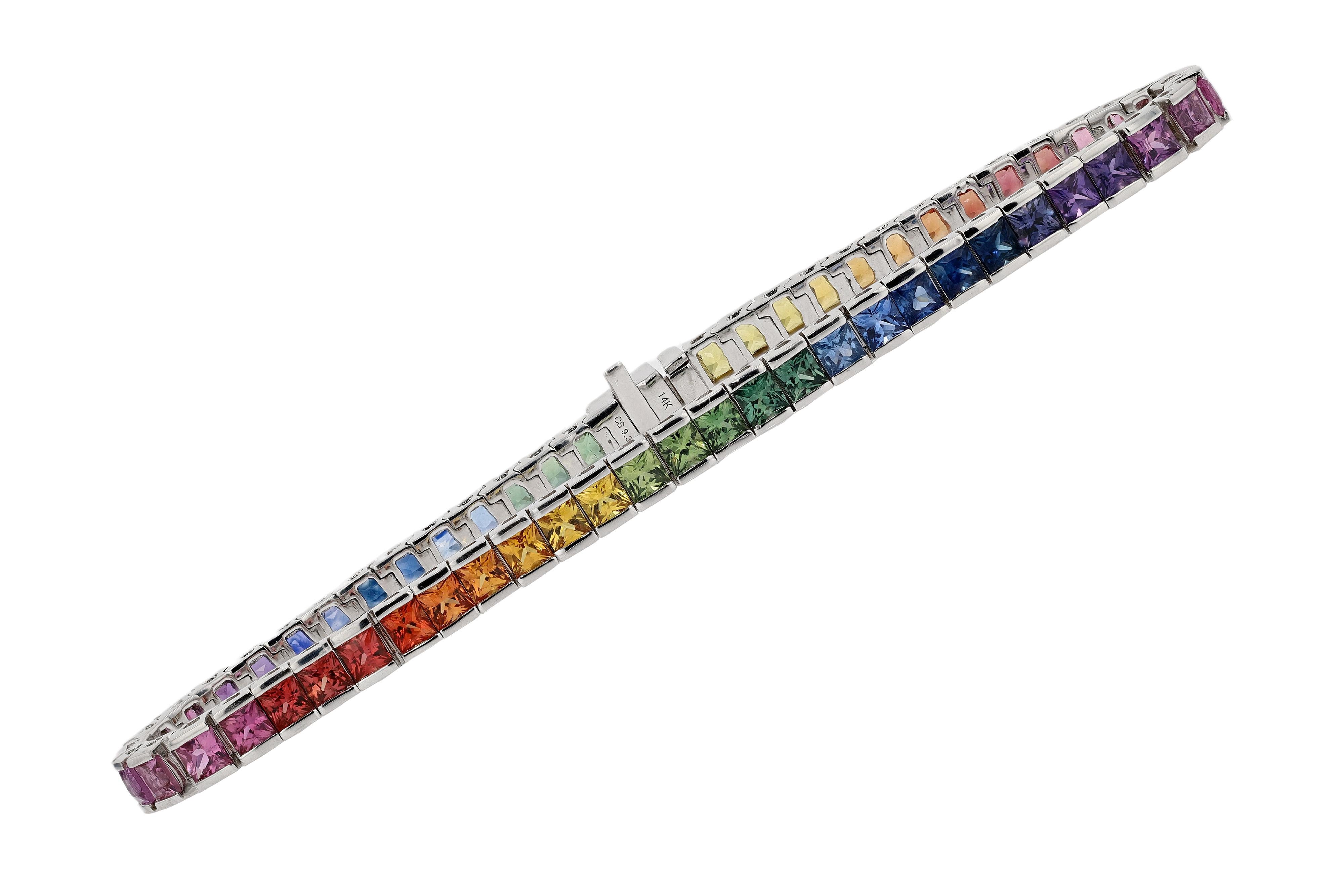 Multi Color 9 Carat Rainbow Sapphire Tennis Bracelet In New Condition For Sale In Santa Barbara, CA