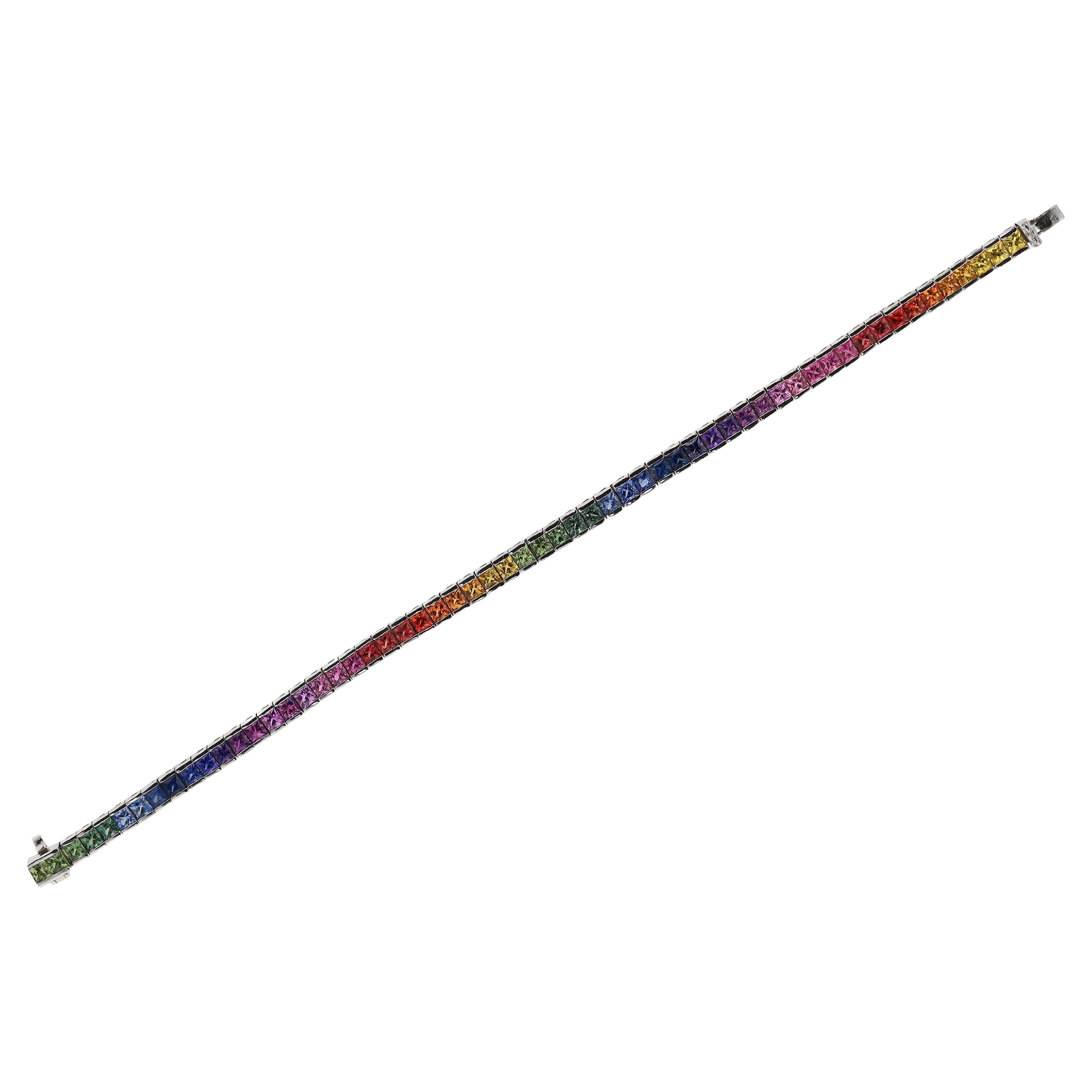 Multi Color 9 Carat Rainbow Sapphire Tennis Bracelet For Sale
