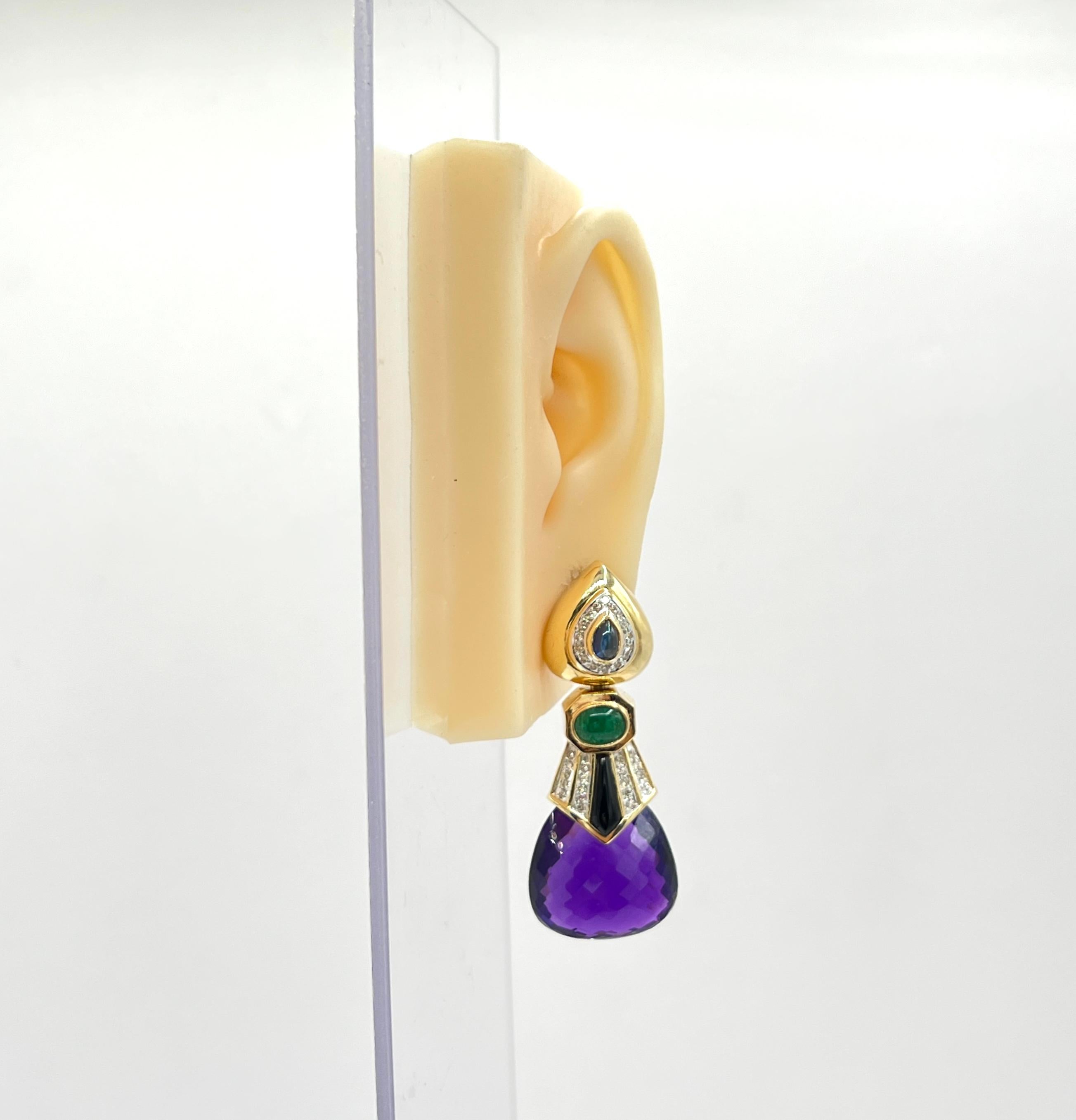 Bonitos pendientes con piedras preciosas multicolores y diamantes blancos de buena calidad.  Hecho a mano en oro amarillo de 14 quilates.  Recorta y vuelve a enviar.