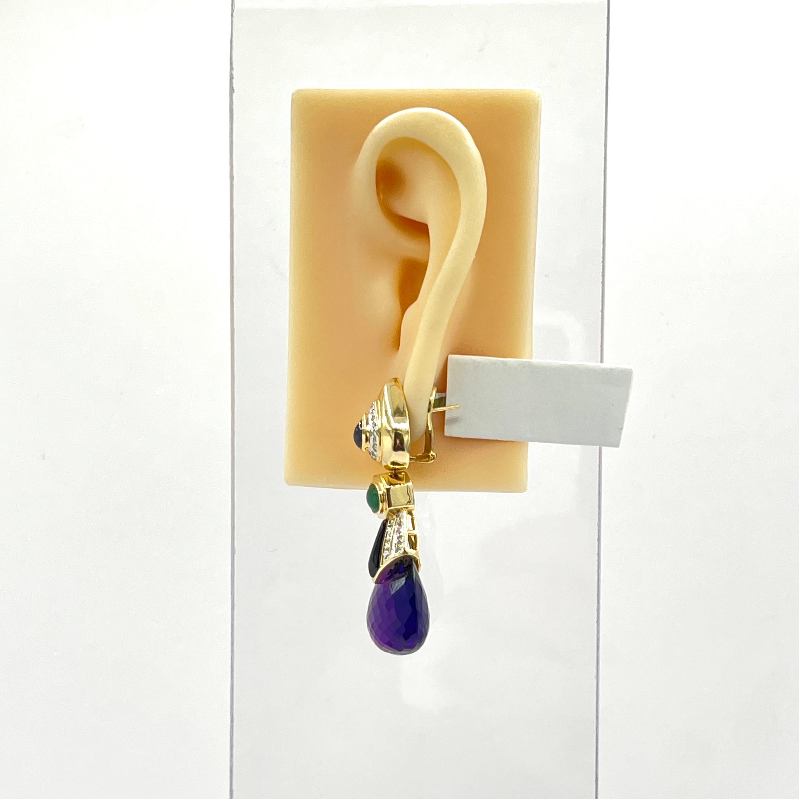 Pendientes Colgantes Multicolor y Diamantes en Oro Amarillo de 14 K Corte pera en venta