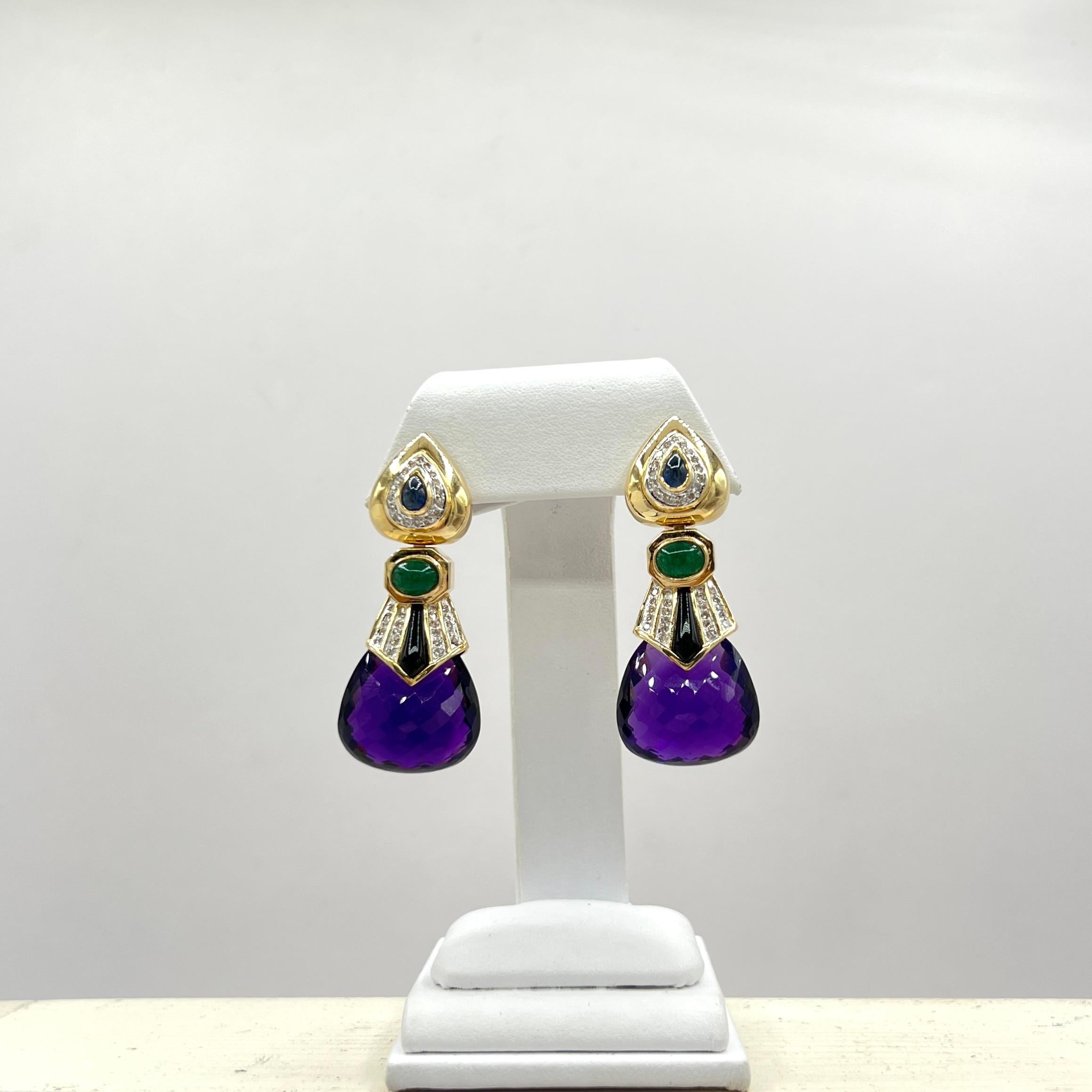 Pendientes Colgantes Multicolor y Diamantes en Oro Amarillo de 14 K en Excelente estado para la venta en Los Angeles, CA