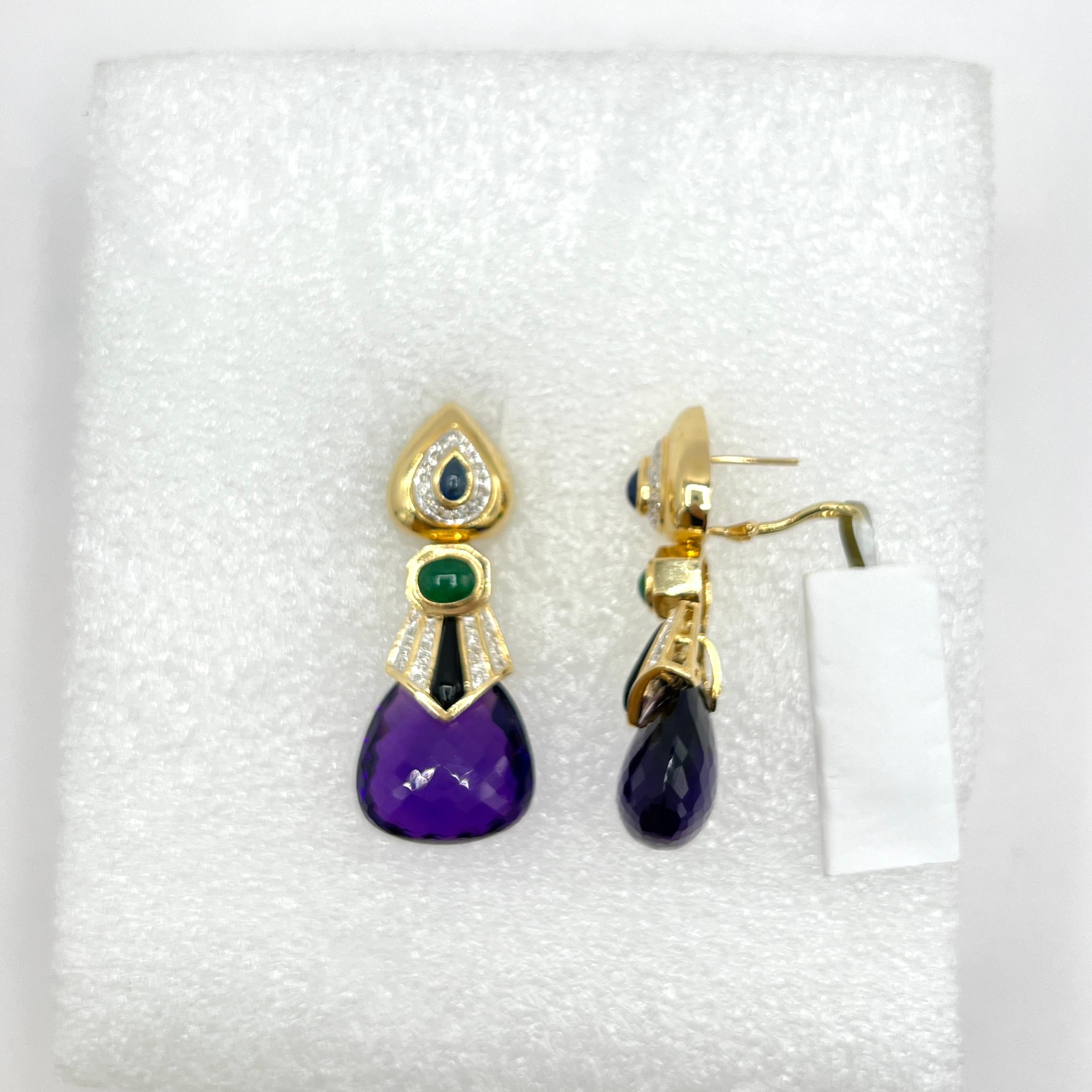 Femenino o masculino Pendientes Colgantes Multicolor y Diamantes en Oro Amarillo de 14 K en venta