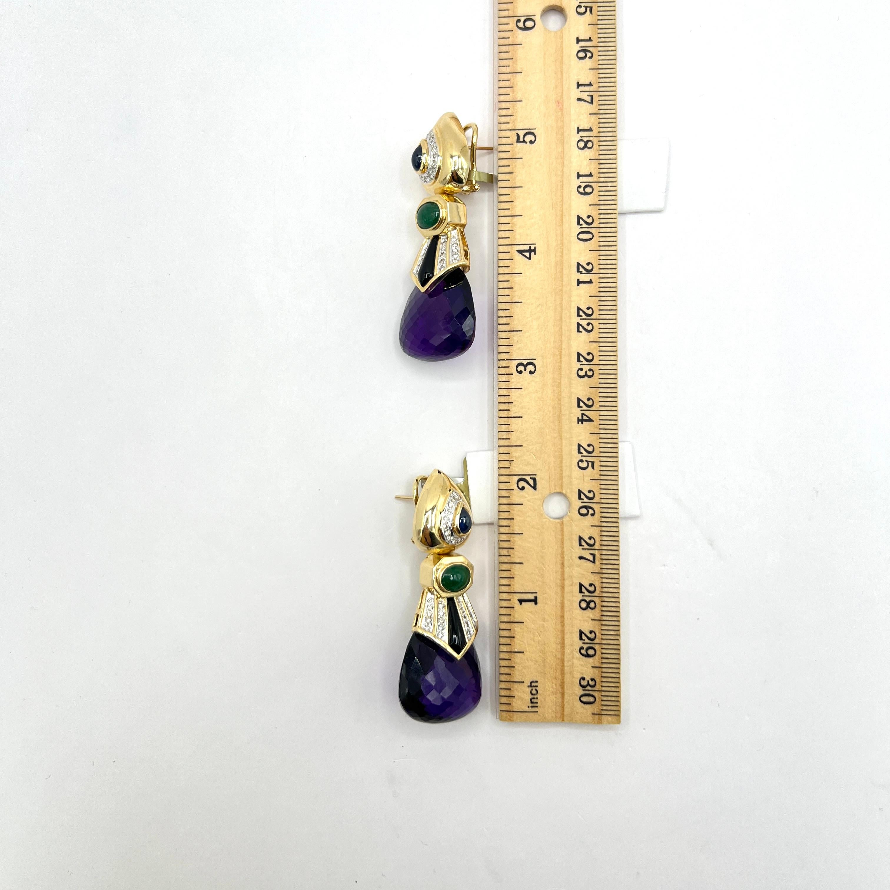 Pendientes Colgantes Multicolor y Diamantes en Oro Amarillo de 14 K en venta 2