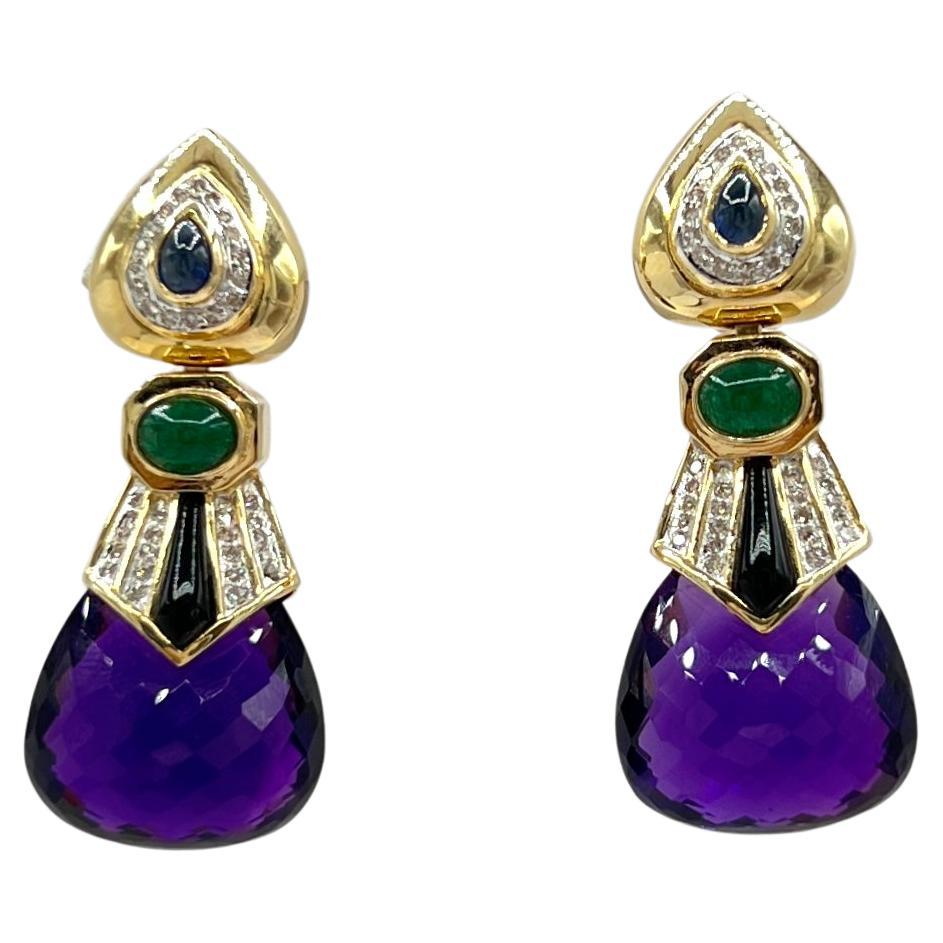 Pendientes Colgantes Multicolor y Diamantes en Oro Amarillo de 14 K en venta