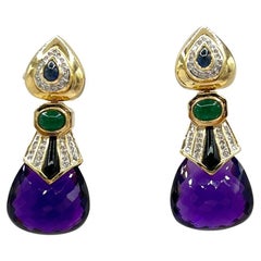 Pendientes Colgantes Multicolor y Diamantes en Oro Amarillo de 14 K