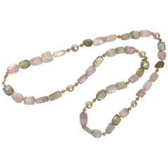 Multi-Color Aquamarine, Freshwater Pearls and 18 Karat Gold Necklace