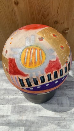 Multi Color Ball Sculpture on a Gainey Ceramics Black Clay Planter - 2 Piece Set