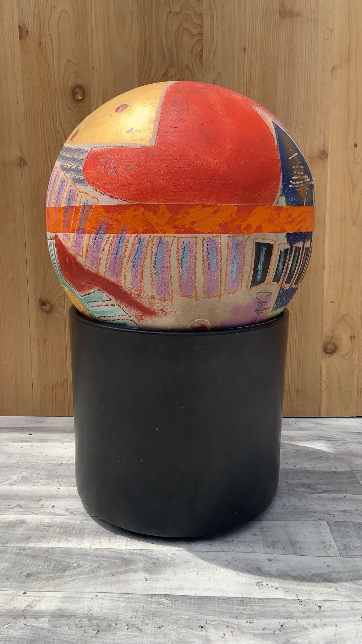 Hand-Crafted Multi Color Ball Sculpture on a Gainey Ceramics Black Clay Planter - 2 Piece Set For Sale