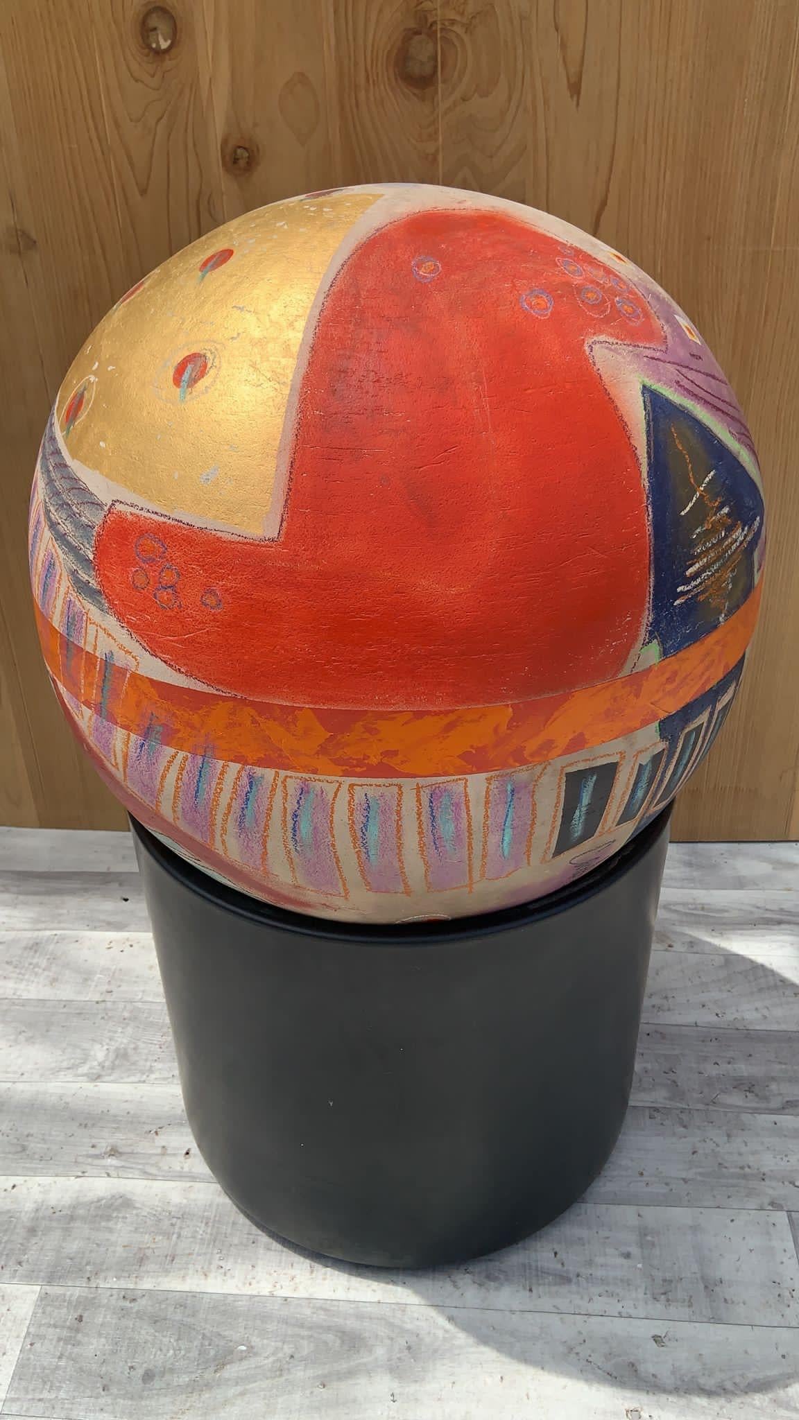 Multi Color Ball Sculpture on a Gainey Ceramics Black Clay Planter - 2 Piece Set In Good Condition For Sale In Chicago, IL