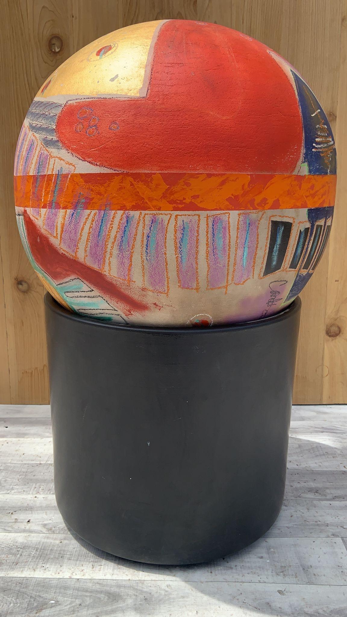 Mid-20th Century Multi Color Ball Sculpture on a Gainey Ceramics Black Clay Planter - 2 Piece Set For Sale