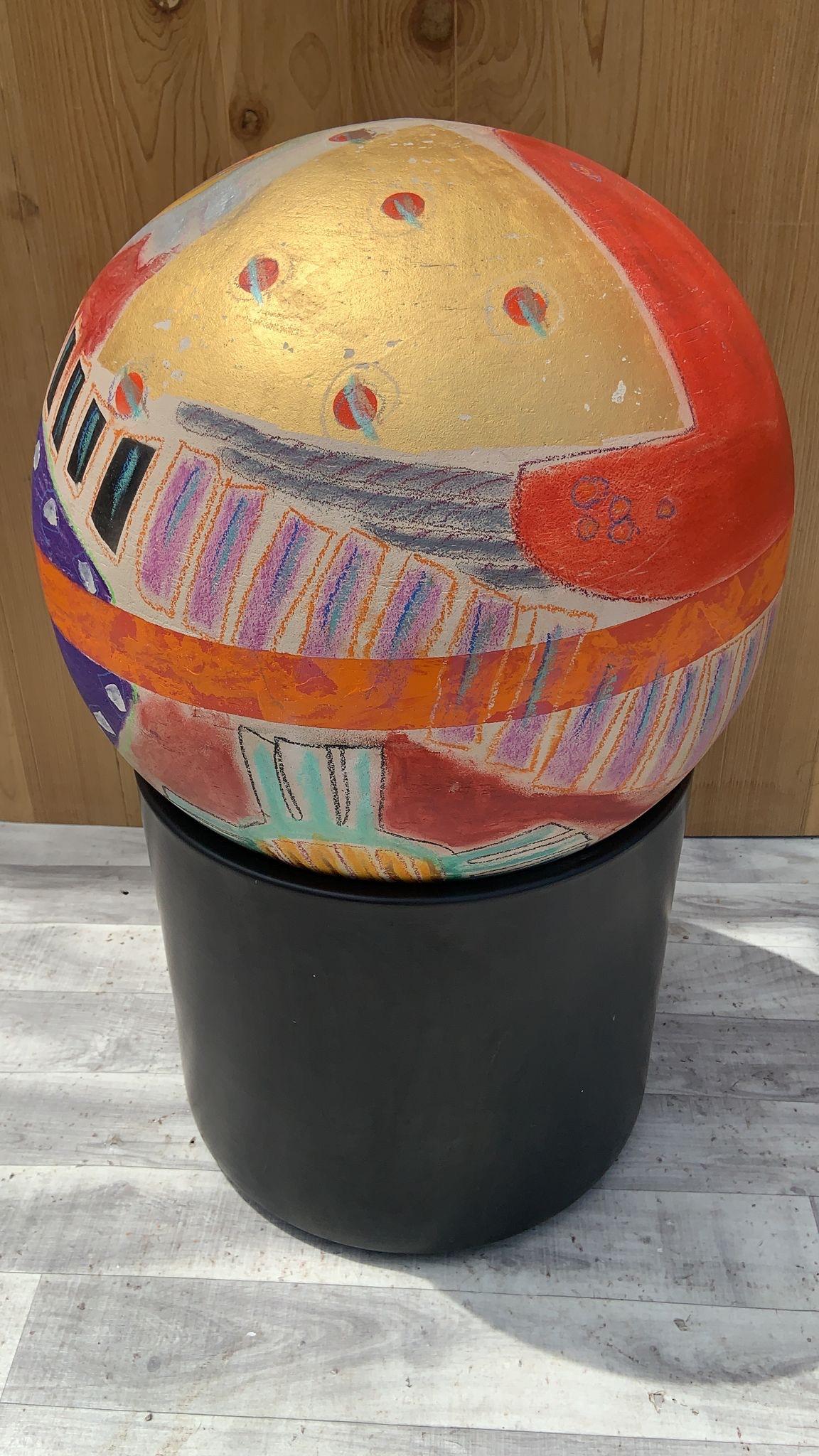 Multi Color Ball Sculpture on a Gainey Ceramics Black Clay Planter - 2 Piece Set For Sale 1