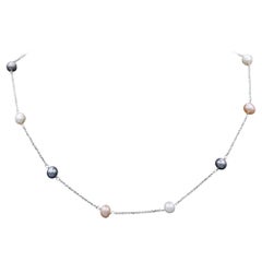 Multi Color Beaded Pearl Necklace 14 Karat White Gold Bead Necklace