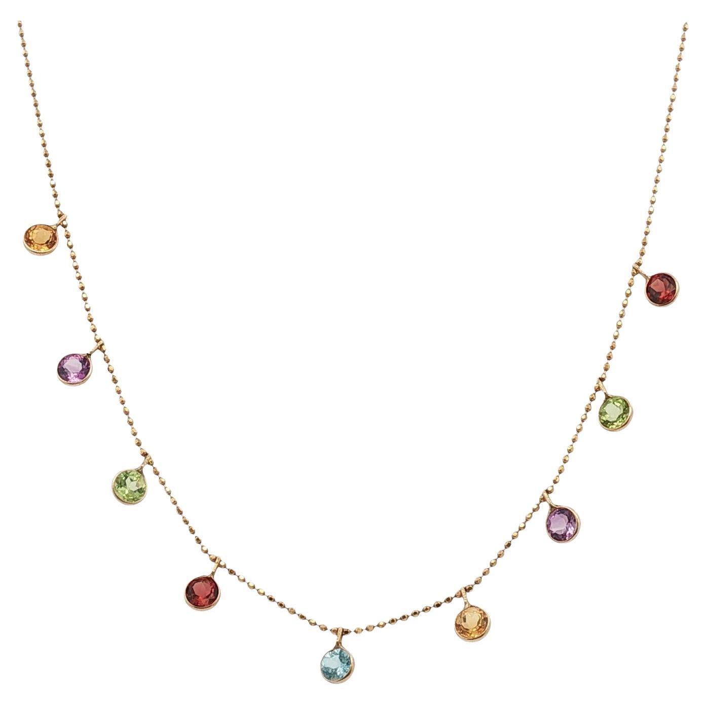 Multi-Color Bezel Set Gemstone 14 Karat Yellow Gold Dangle Necklace